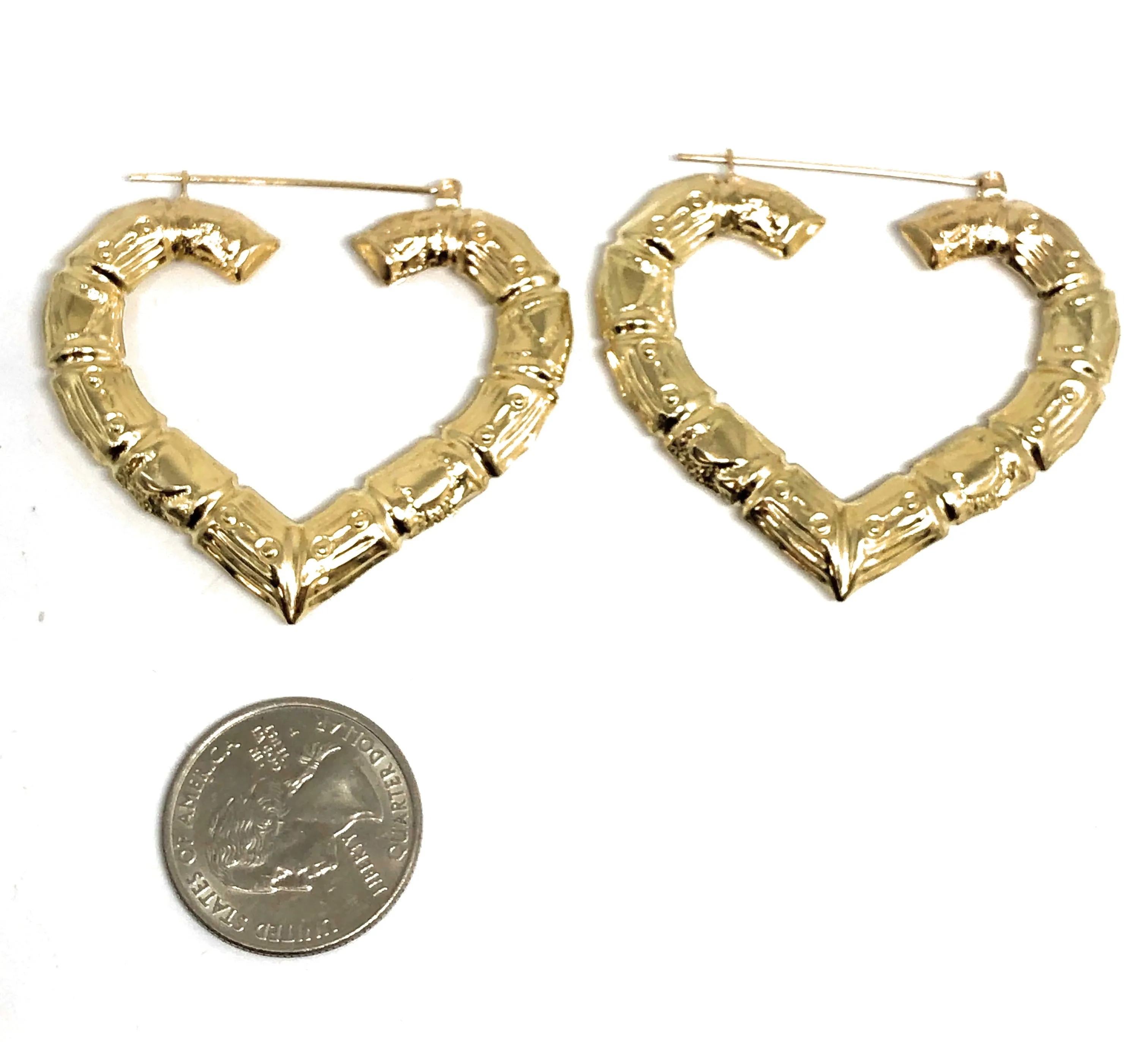 10k Solid Gold Yellow Bamboo Heart Hoop Earrings 1.5-2 INCH Arracadas