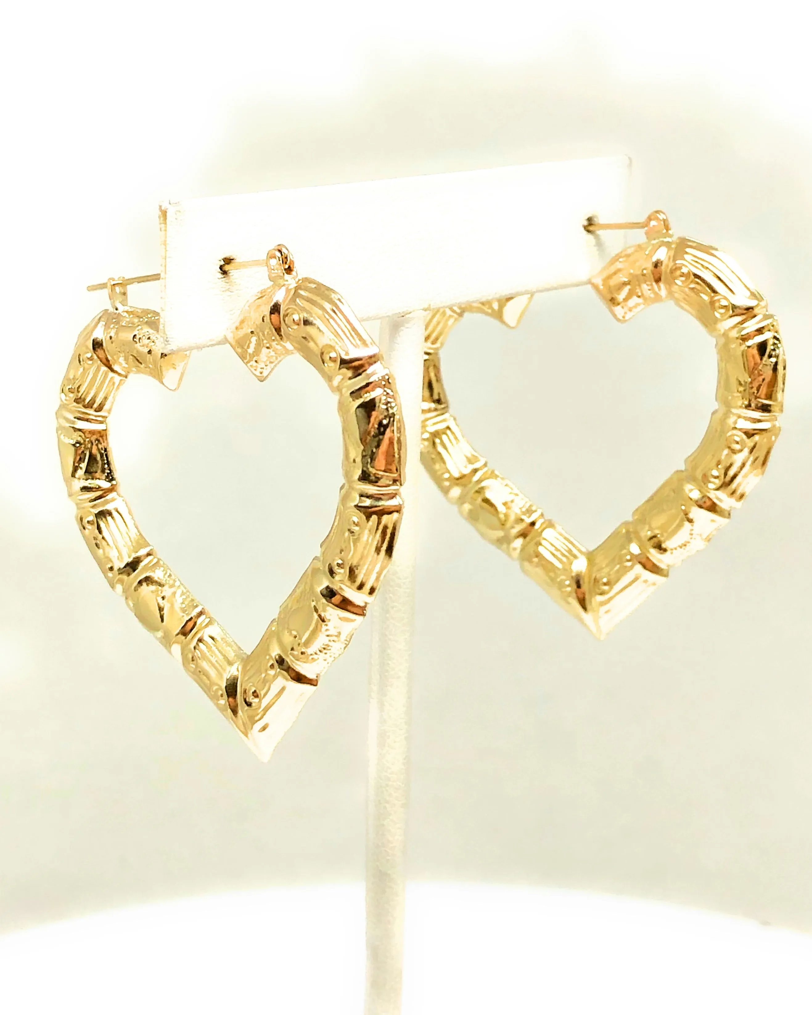 10k Solid Gold Yellow Bamboo Heart Hoop Earrings 1.5-2 INCH Arracadas