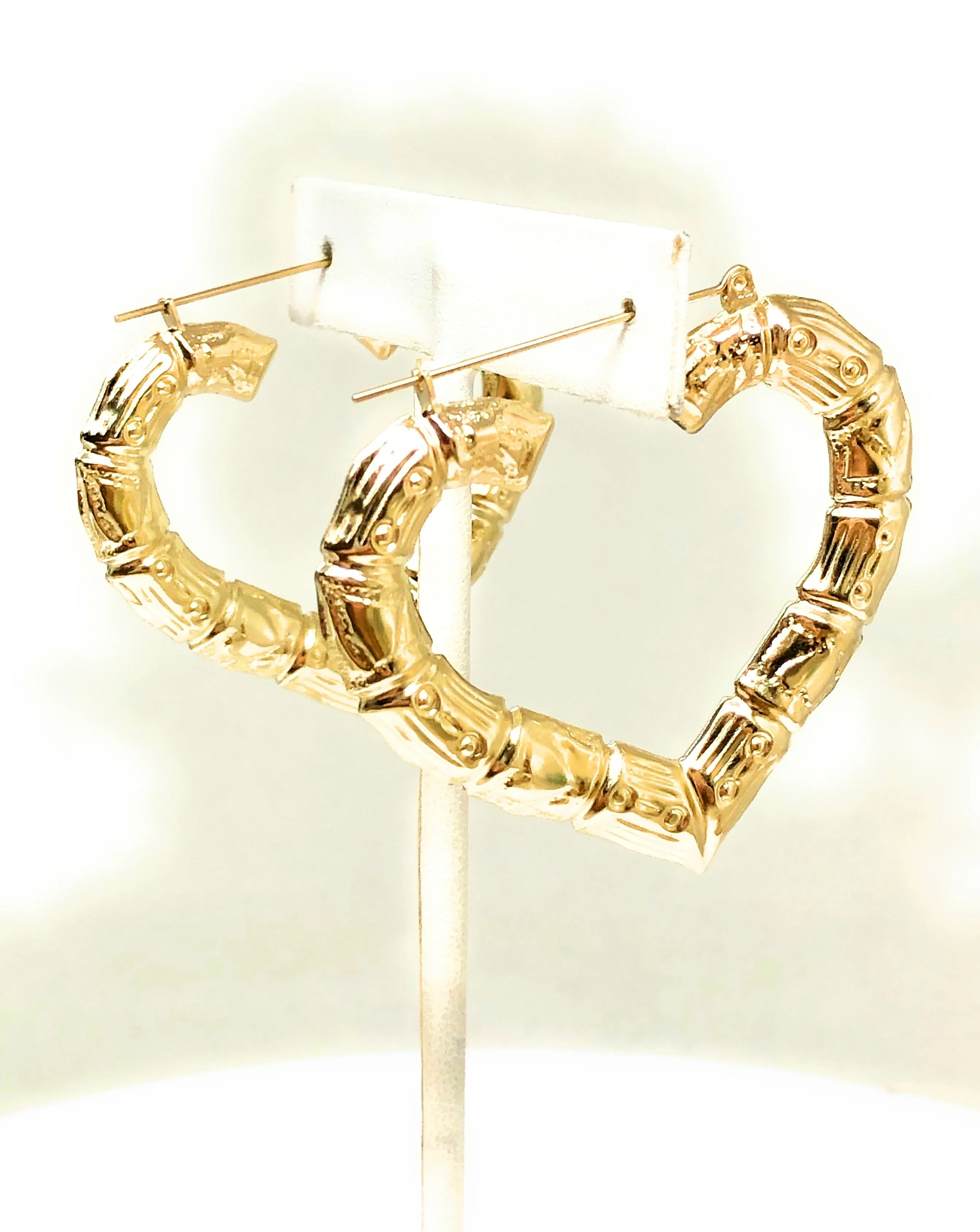 10k Solid Gold Yellow Bamboo Heart Hoop Earrings 1.5-2 INCH Arracadas