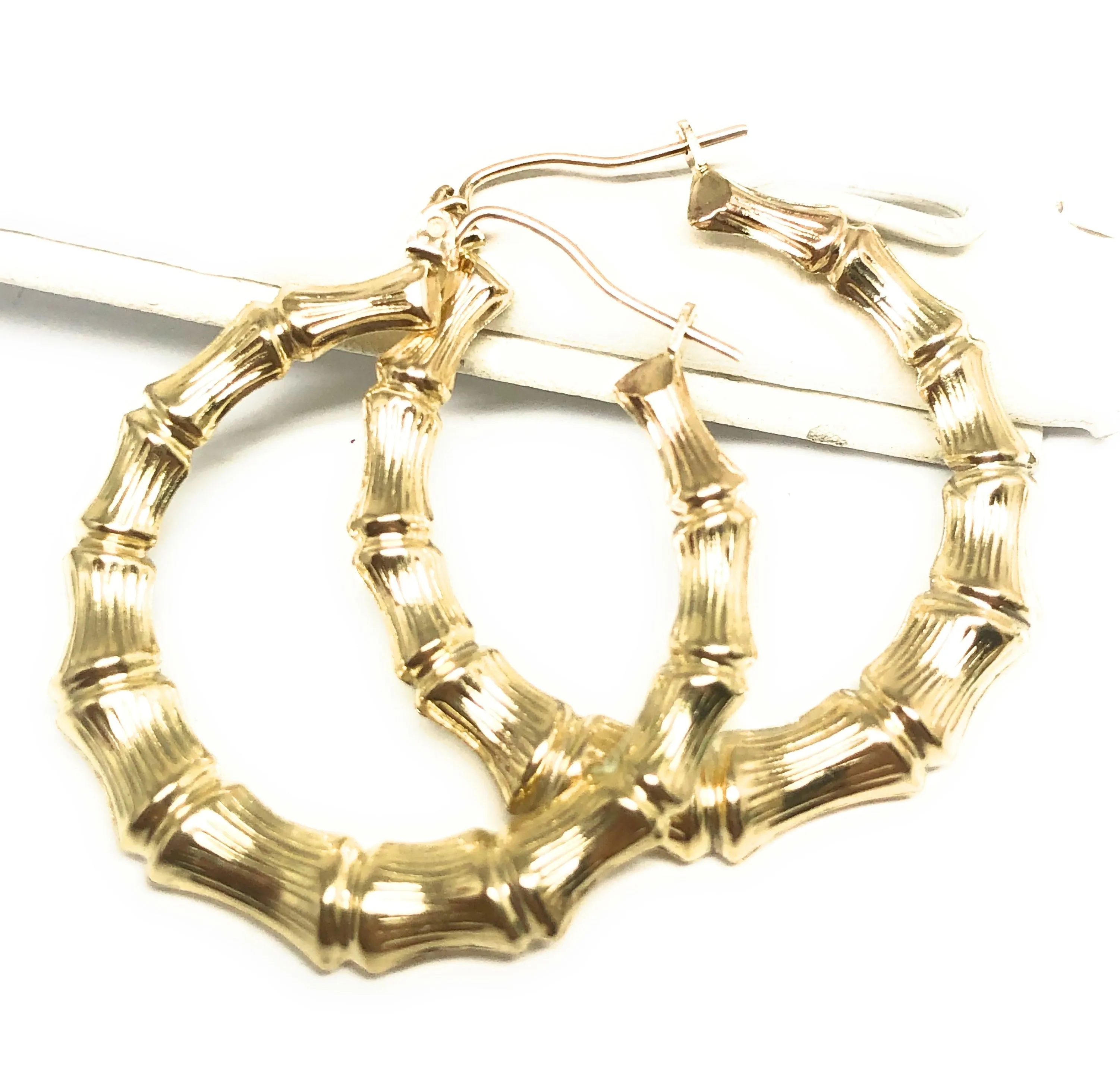 10k Solid Gold Yellow Bamboo Hoop Earrings 0.5-1.5 INCH Arracadas