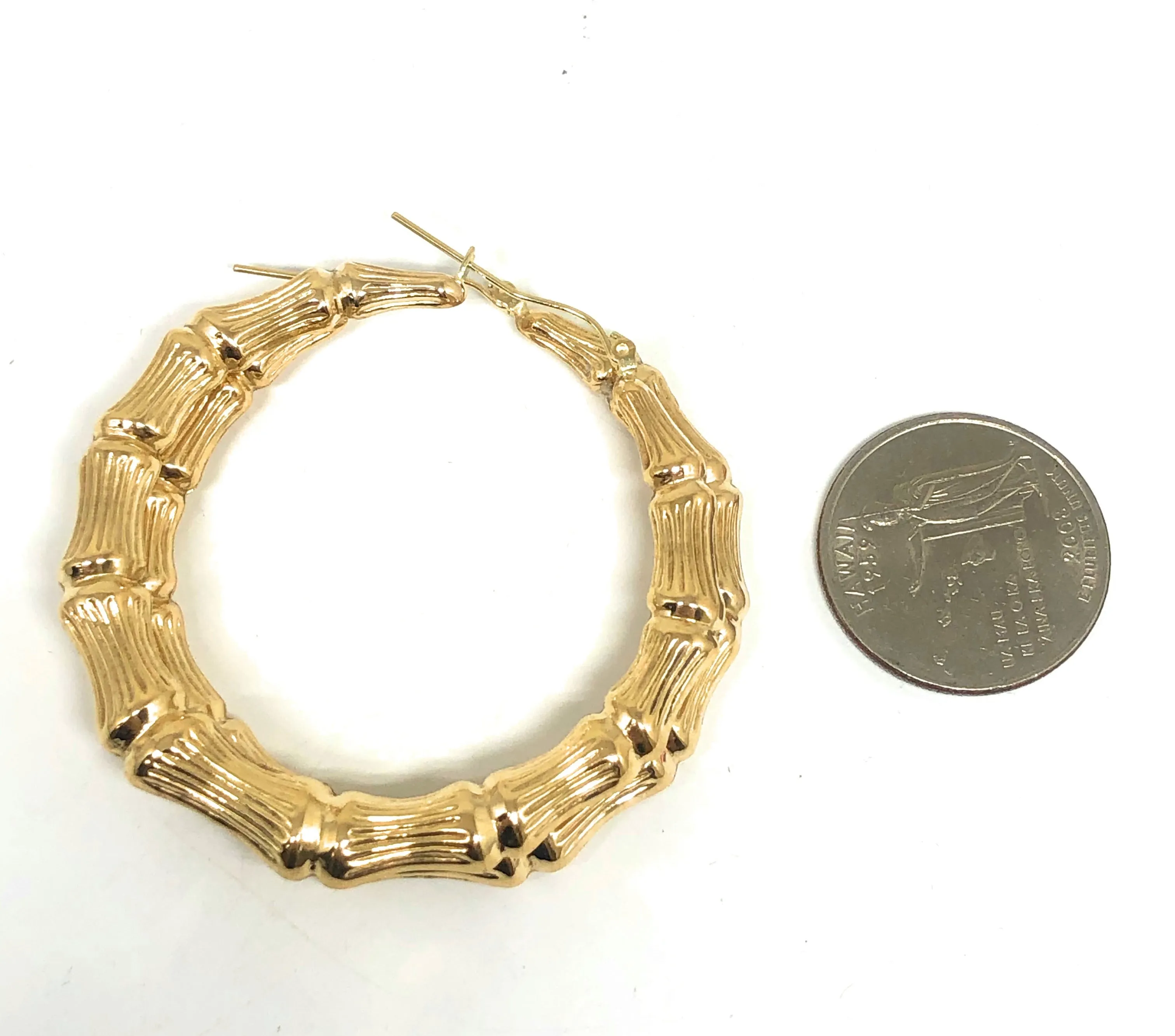 10k Solid Gold Yellow Bamboo Hoop Earrings 2 INCH Arracadas