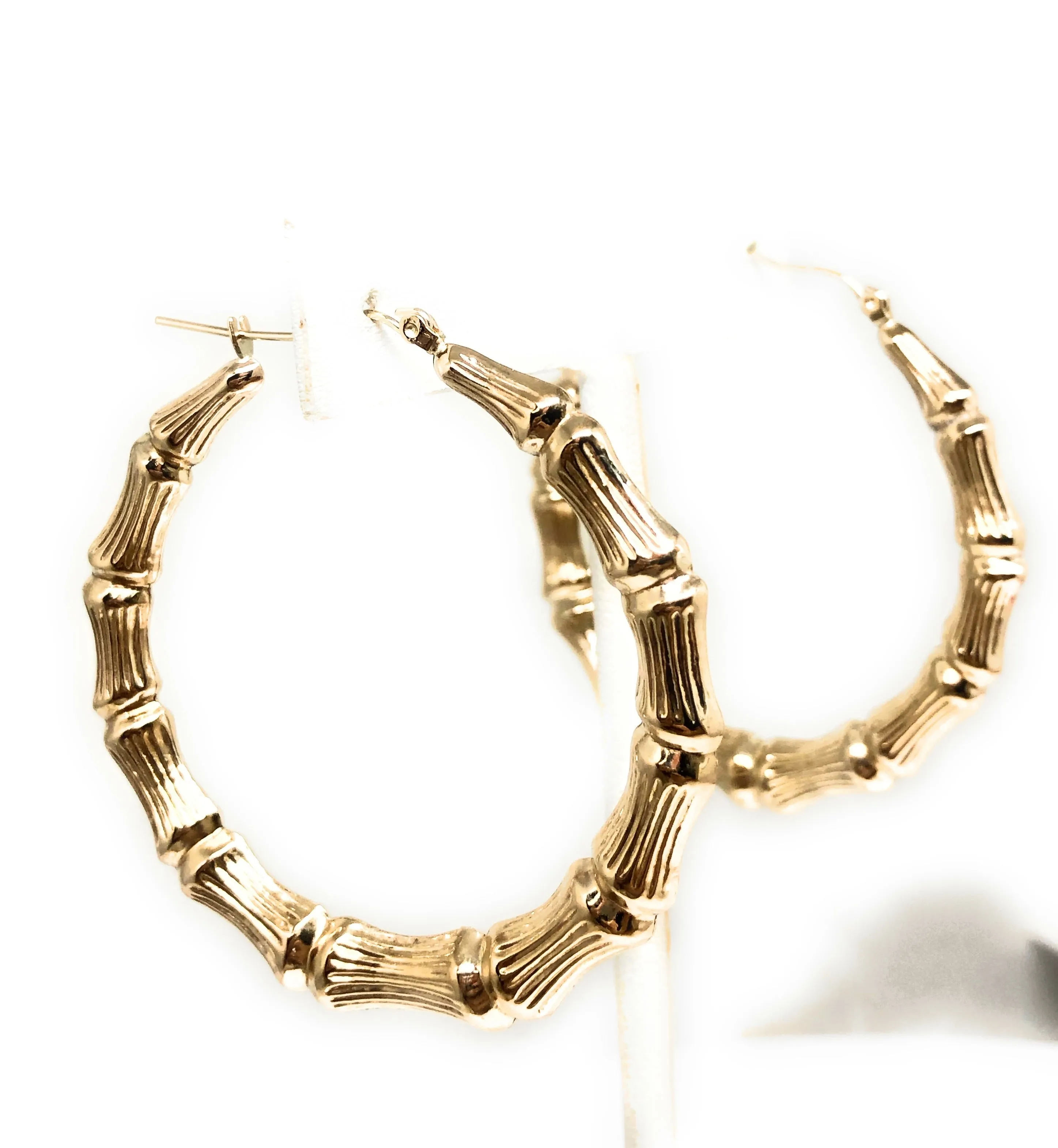 10k Solid Gold Yellow Bamboo Hoop Earrings 2 INCH Arracadas