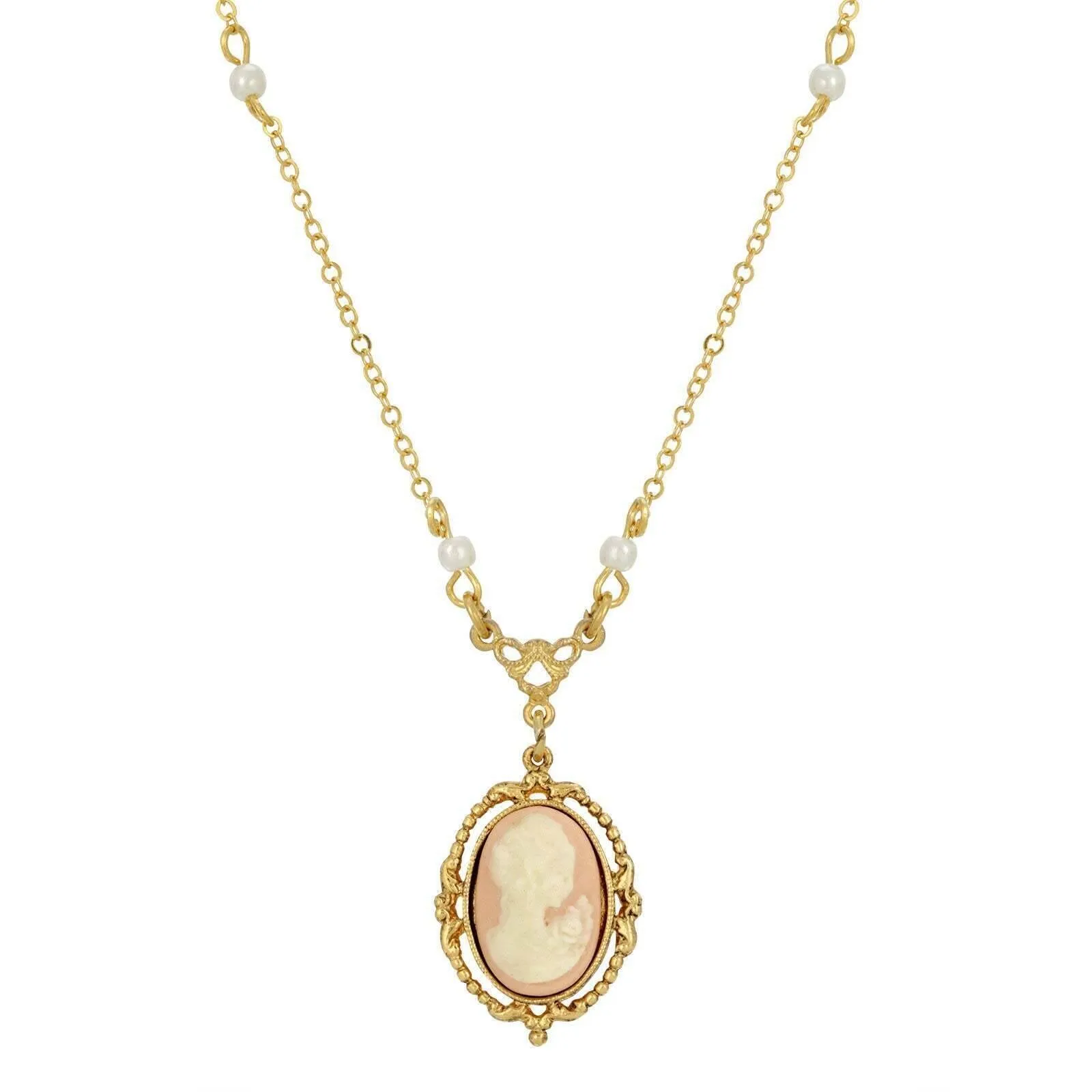 1928 Jewelry Light Pink Oval Cameo Faux Pearl Pendant Necklace 16 + 3 Extender