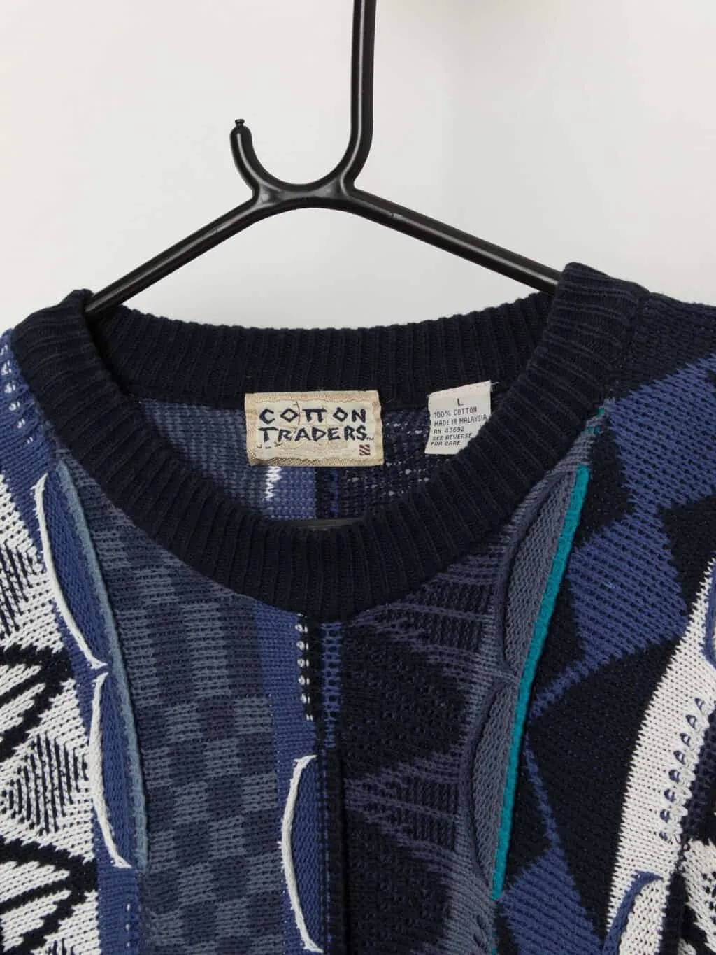 90s vintage Cotton Traders 3D knit jumper in blue and white – Large