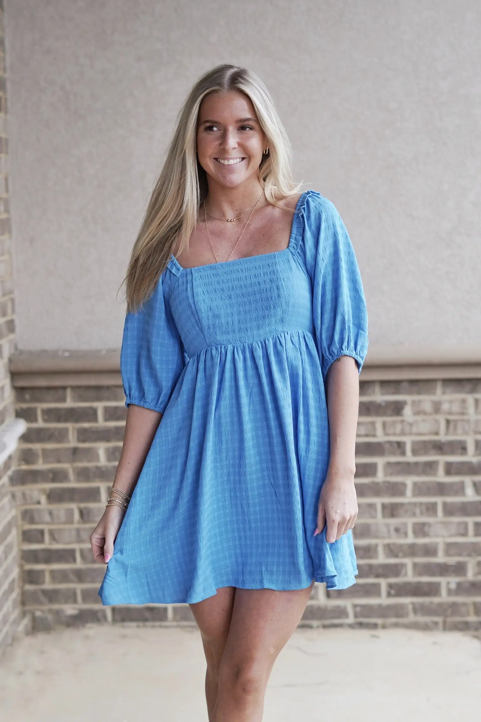 Belle Blue Puff Sleeve Babydoll Dress