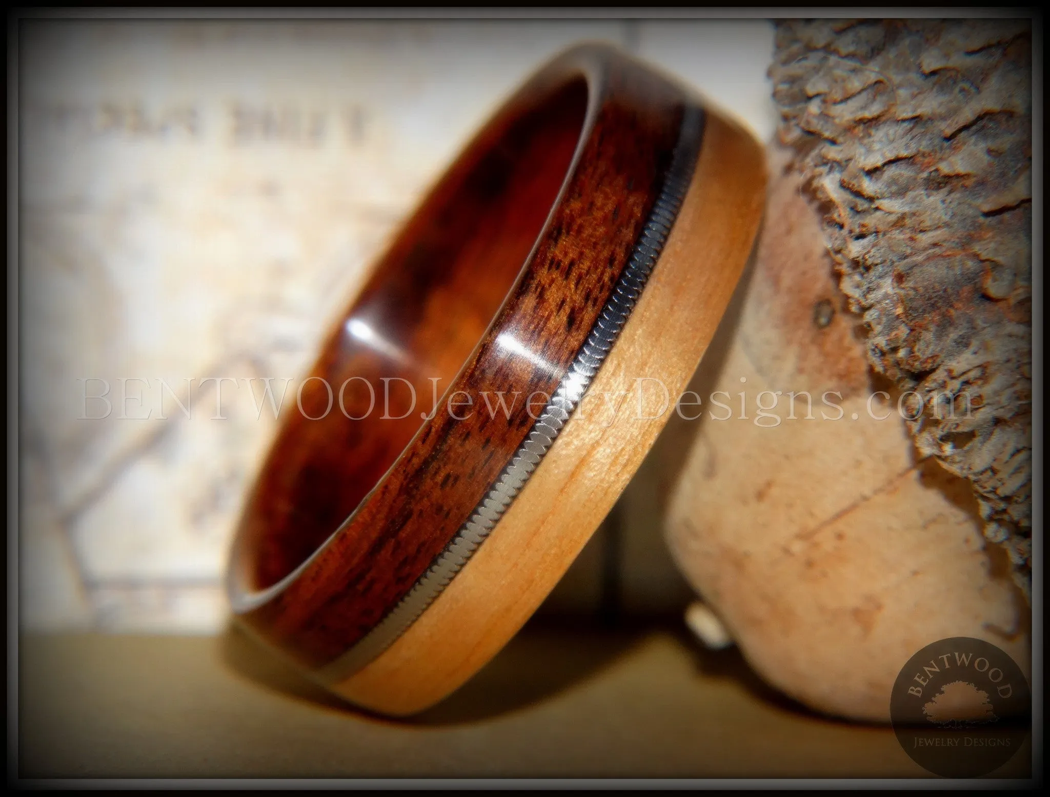 Bentwood Ring - Rosewood and Bamboo Ring with Guitar String Inlay