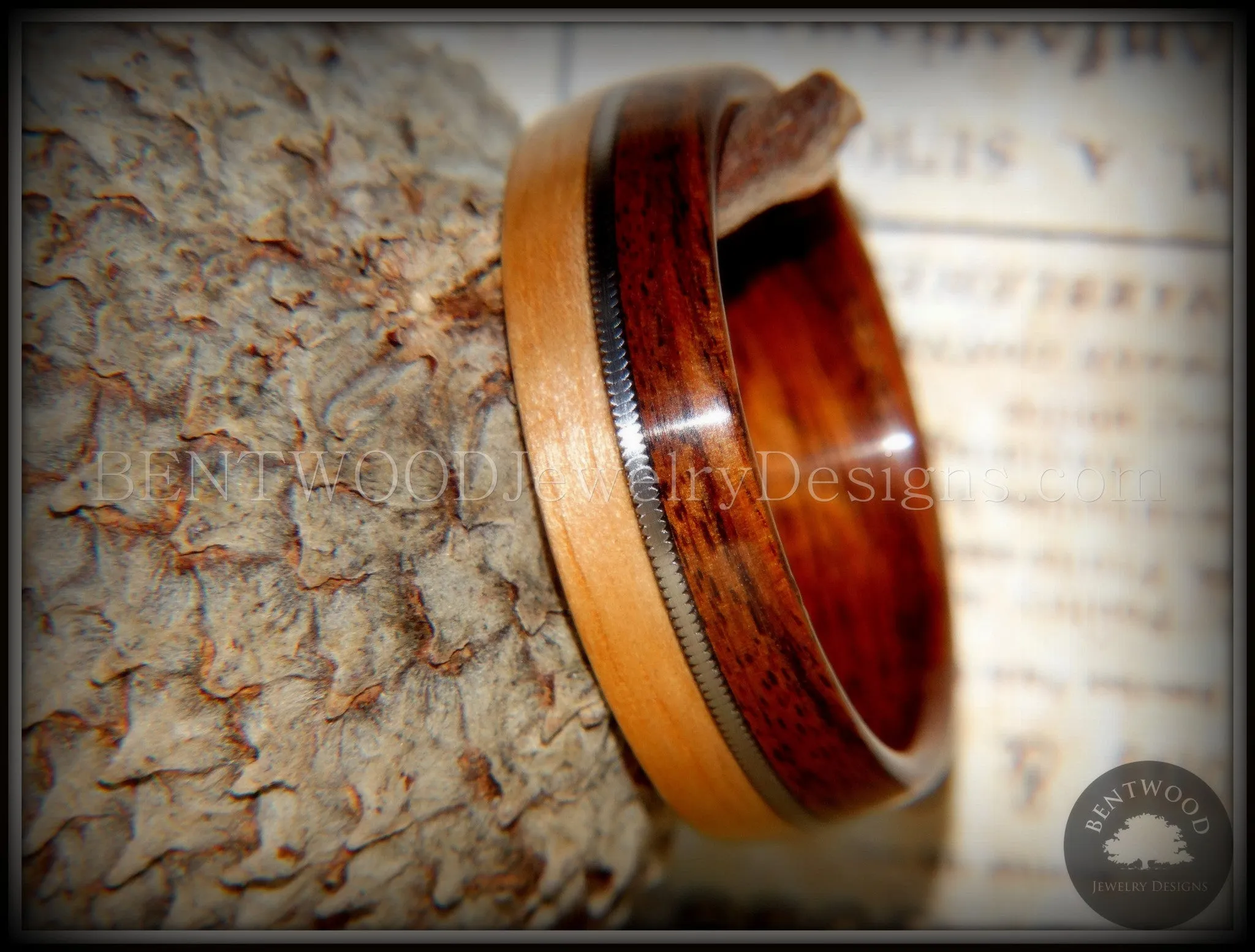 Bentwood Ring - Rosewood and Bamboo Ring with Guitar String Inlay