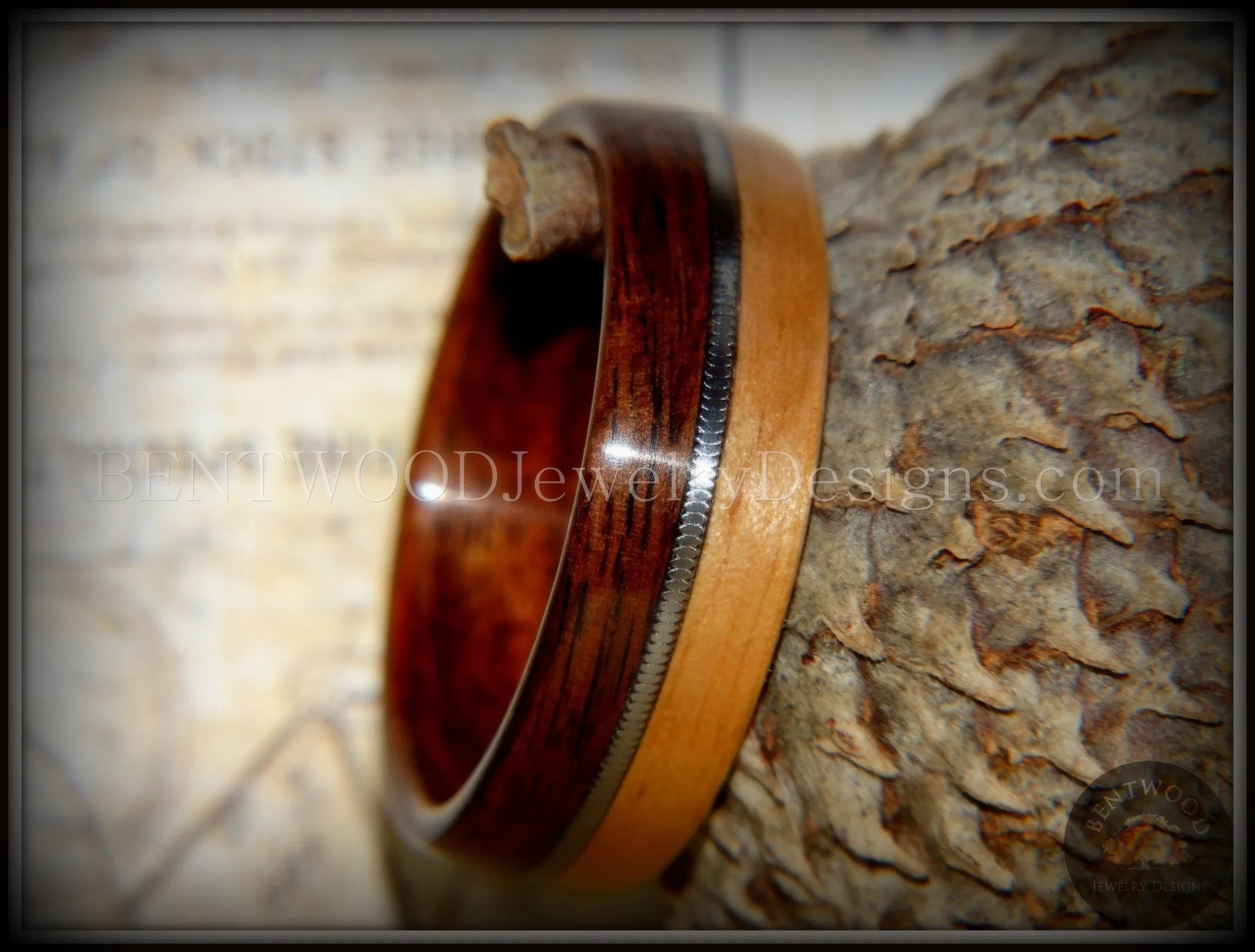 Bentwood Ring - Rosewood and Bamboo Ring with Guitar String Inlay