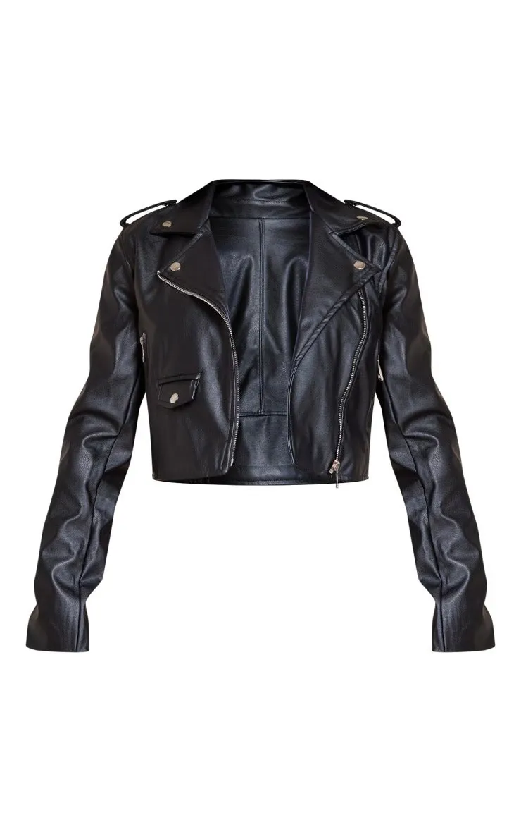 BLACK BASIC FAUX LEATHER BIKER JACKET