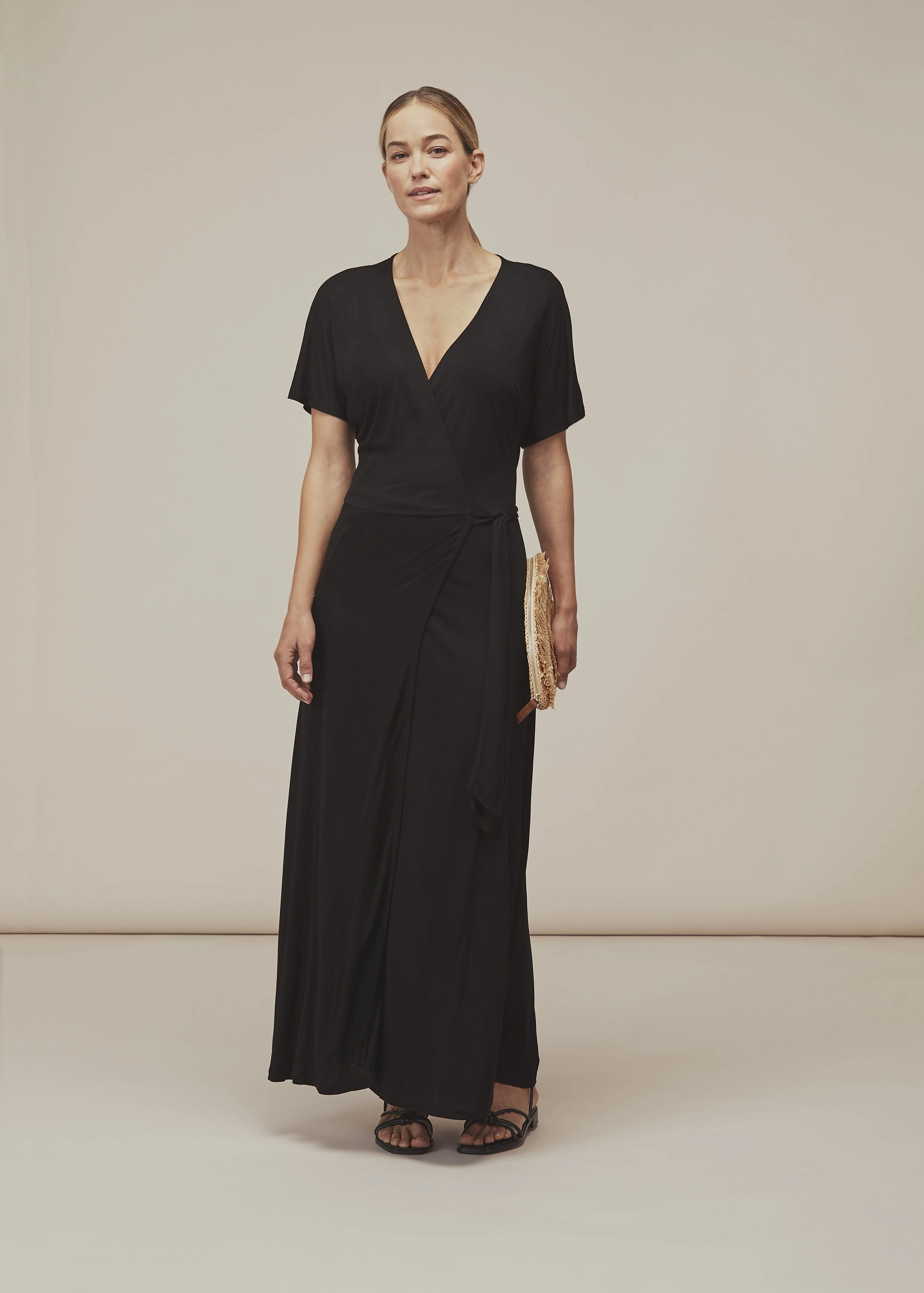 Black Jersey Wrap Midi Dress