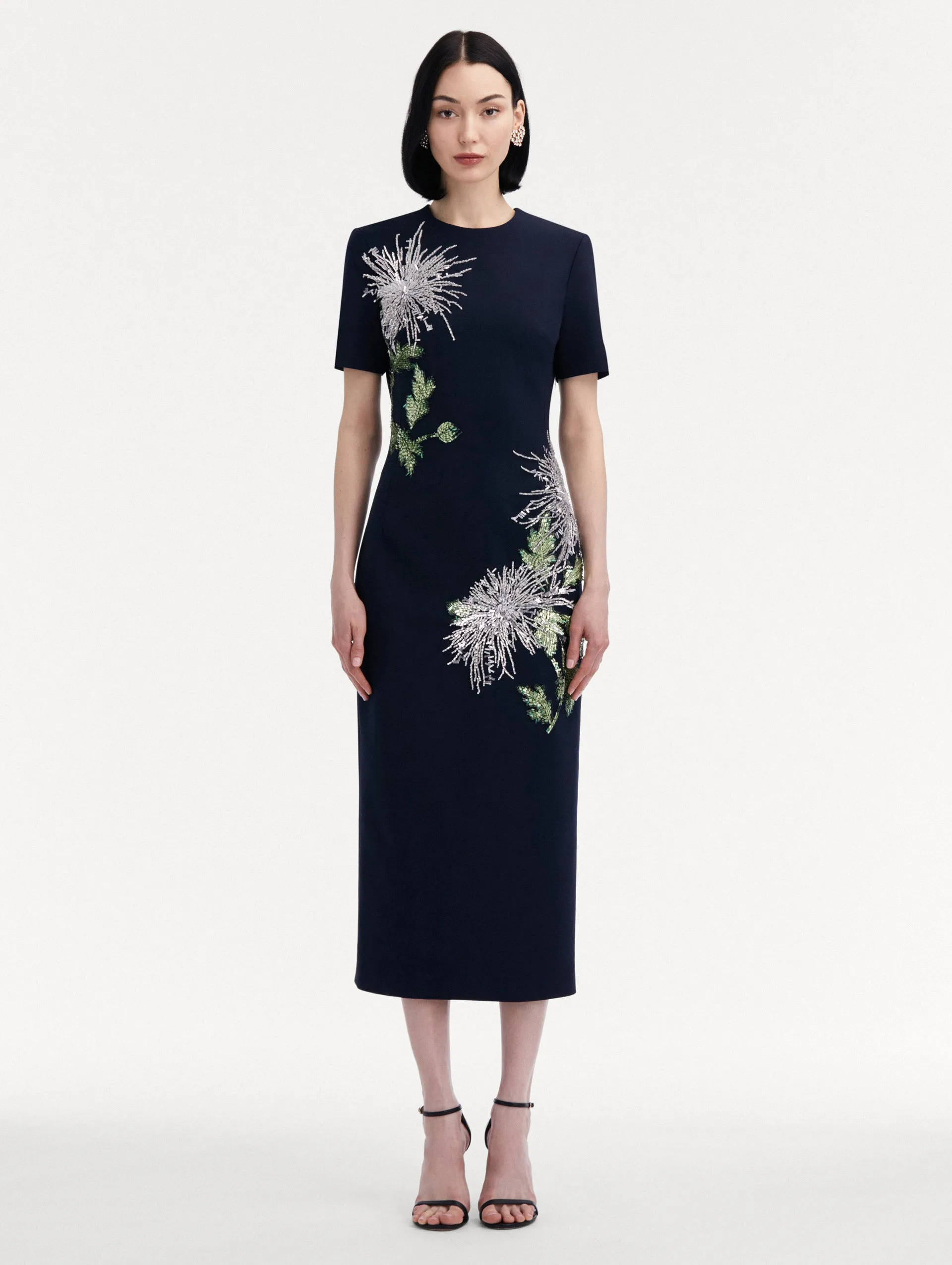 Chrysanthemum Crystal Embroidered Pencil Dress