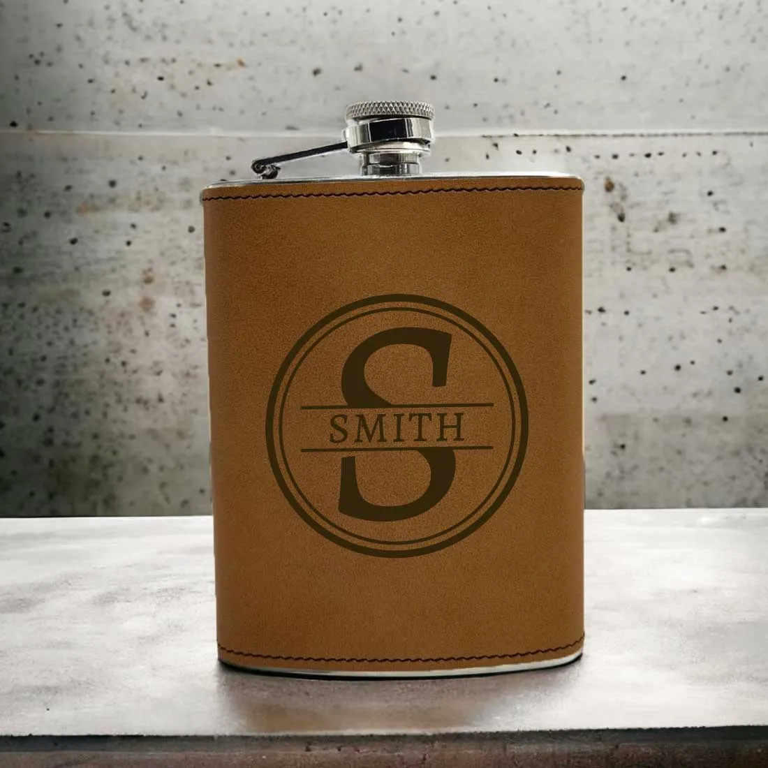 Customized Faux Leather Hip Flask Engraved Alcohol Flasks - Circle Monogram