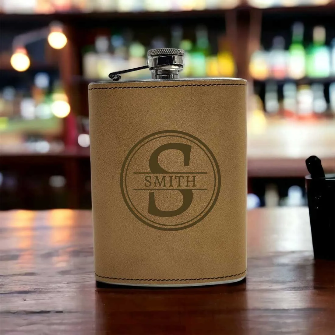 Customized Faux Leather Hip Flask Engraved Alcohol Flasks - Circle Monogram