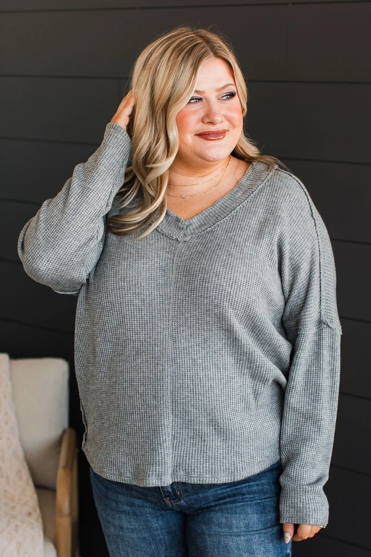 Effortlessly Happy V-Neck Knit Top- Grey