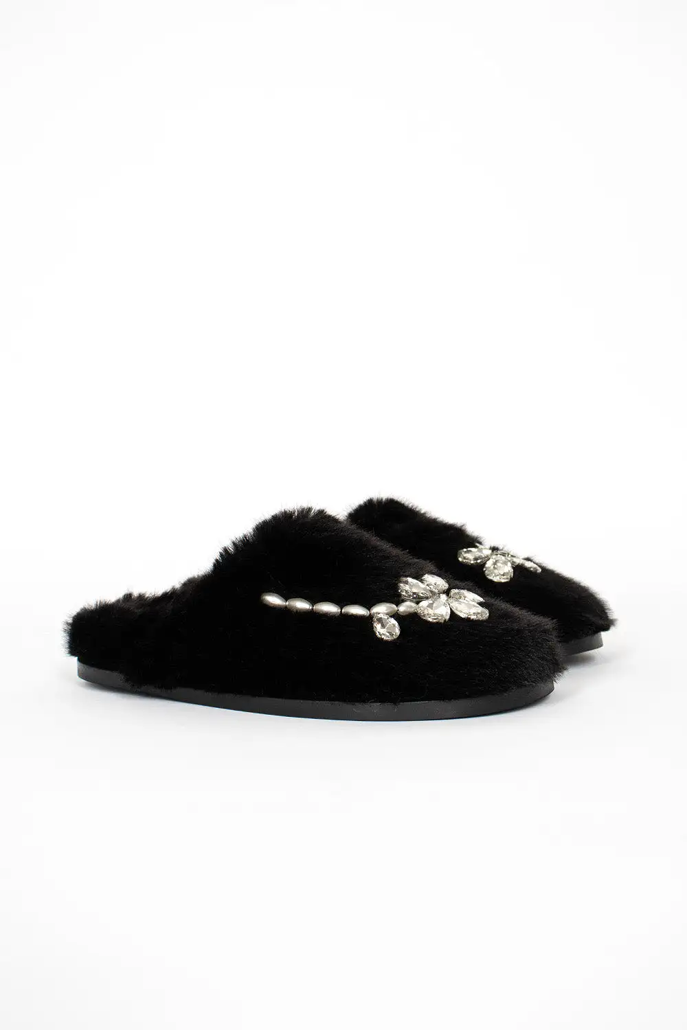 Embellished Furry Slippers Black