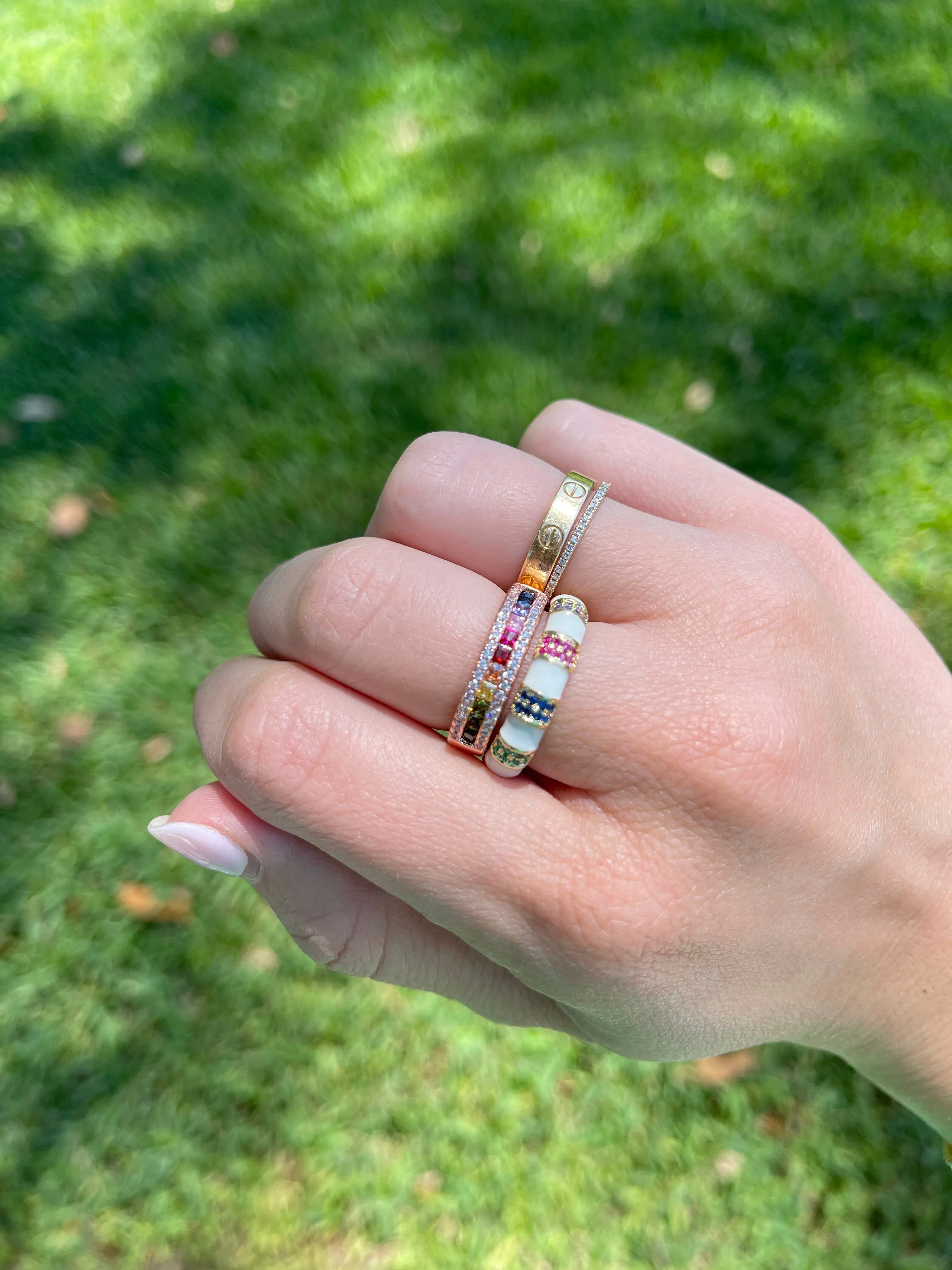 Enamel and Pave Rainbow Bamboo Ring