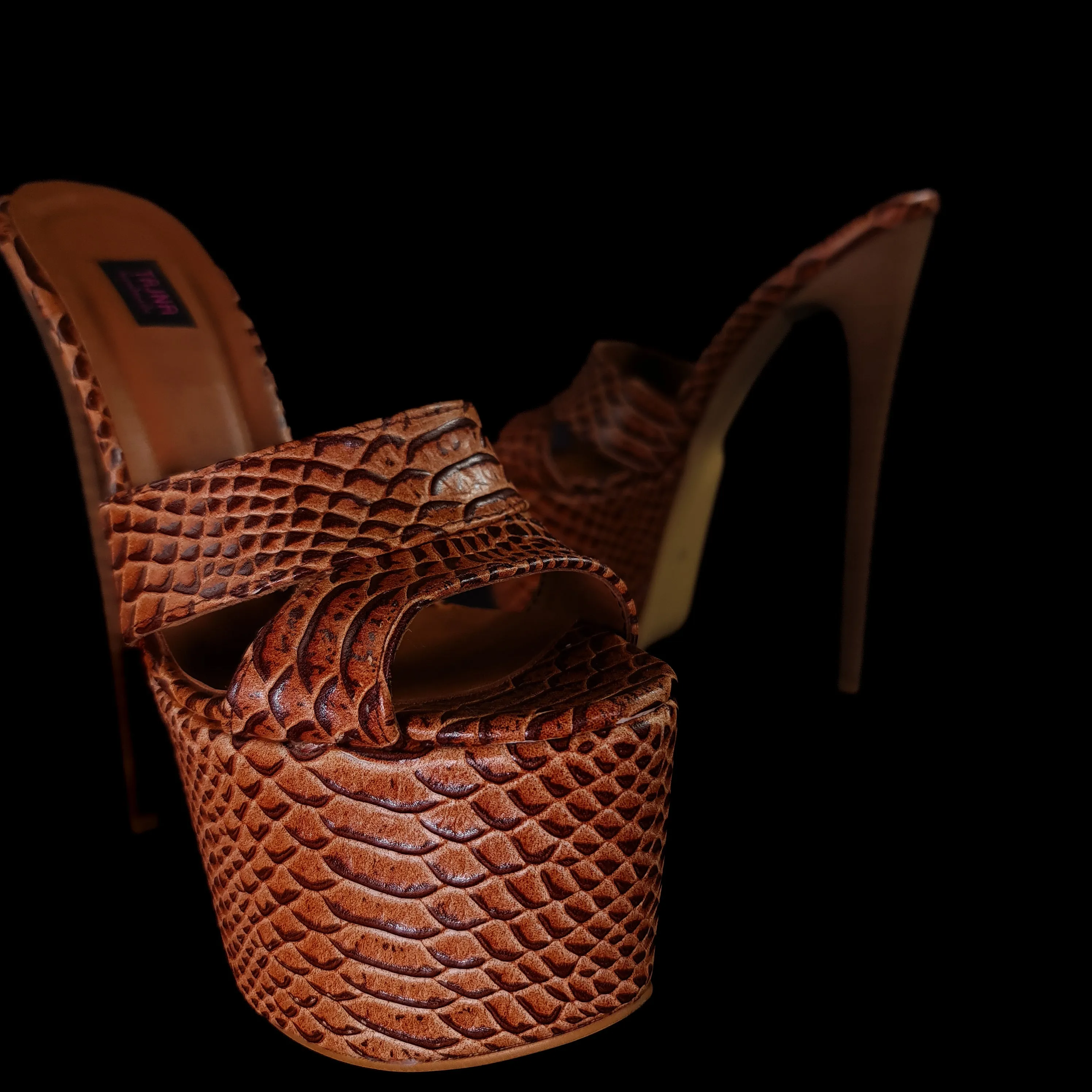 Exotic Brown Genuine Leather High Heel Mules