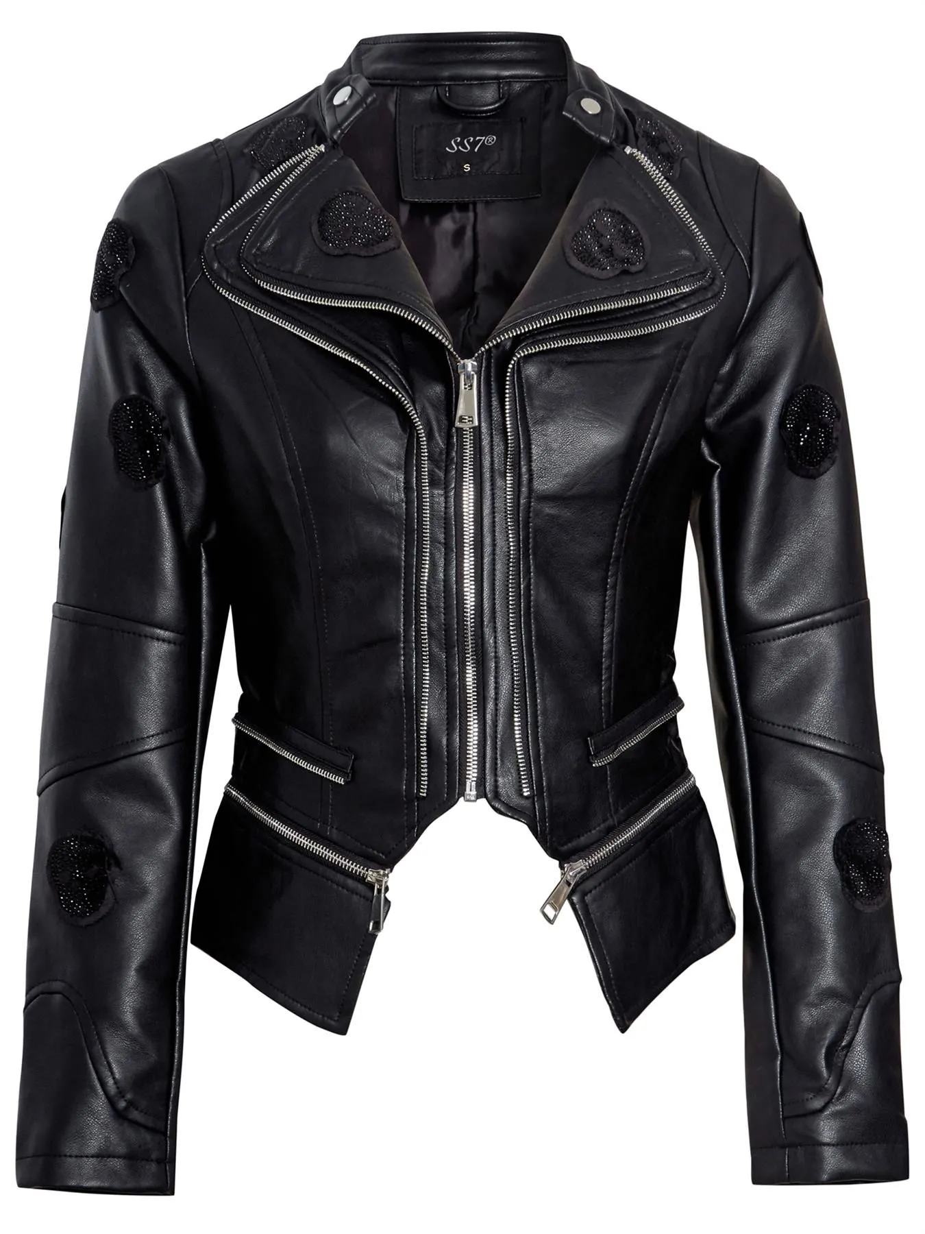 Faux leather Skull Biker Jacket, Black, Stone, UK sizes 8 to 14