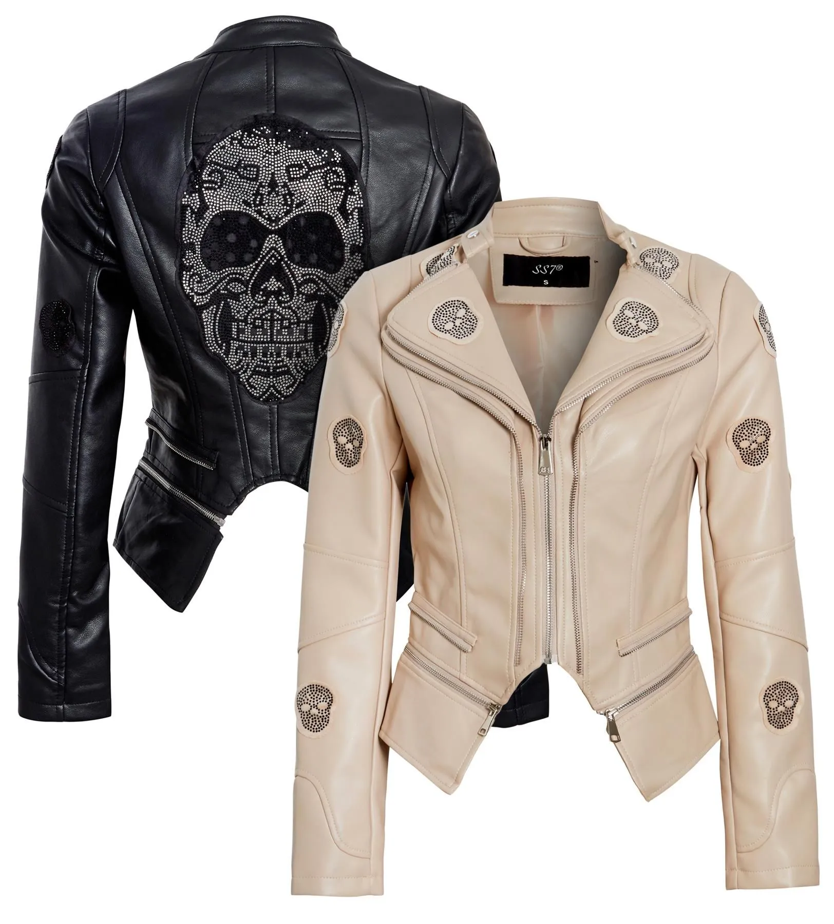 Faux leather Skull Biker Jacket, Black, Stone, UK sizes 8 to 14