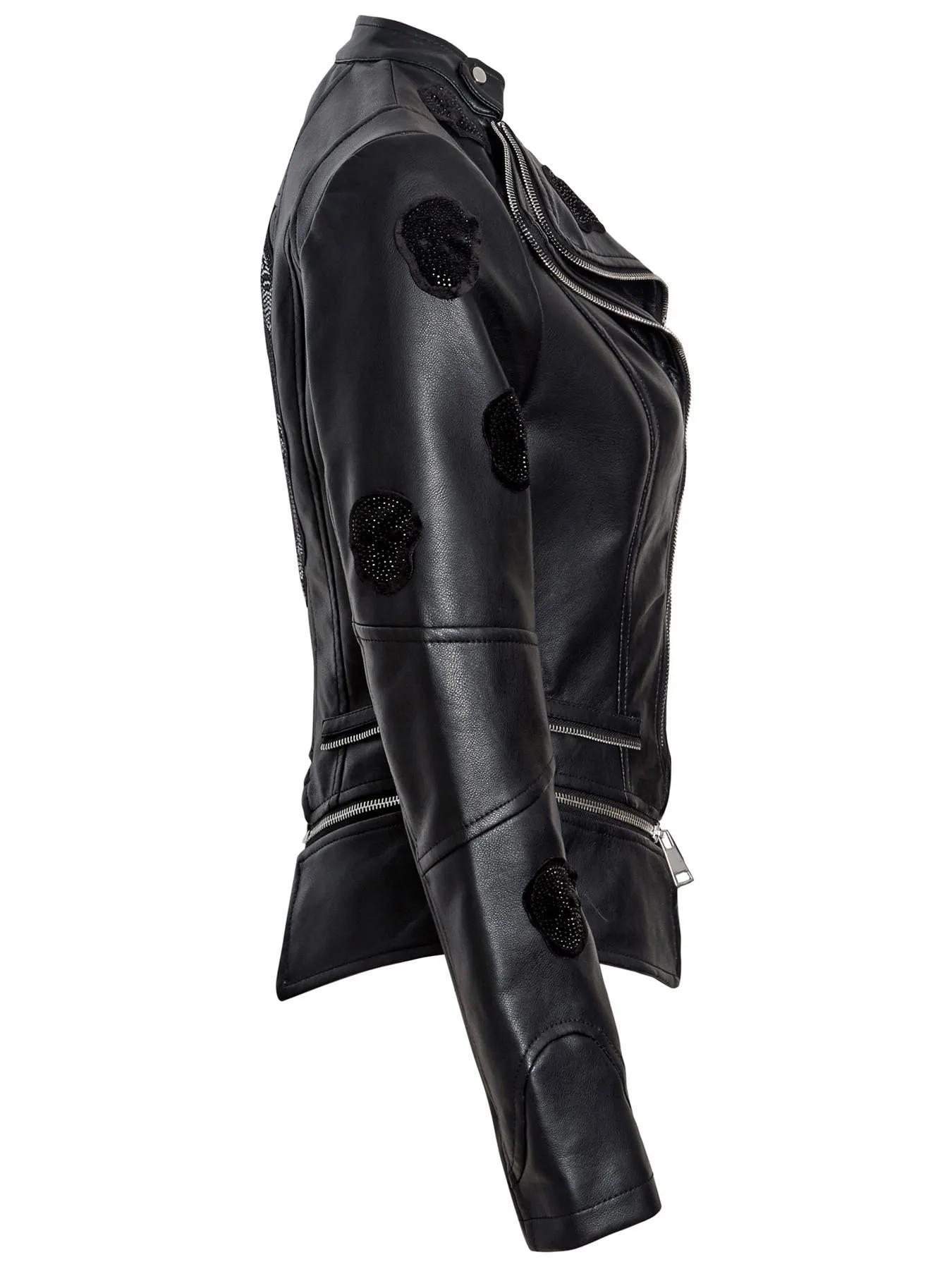 Faux leather Skull Biker Jacket, Black, Stone, UK sizes 8 to 14