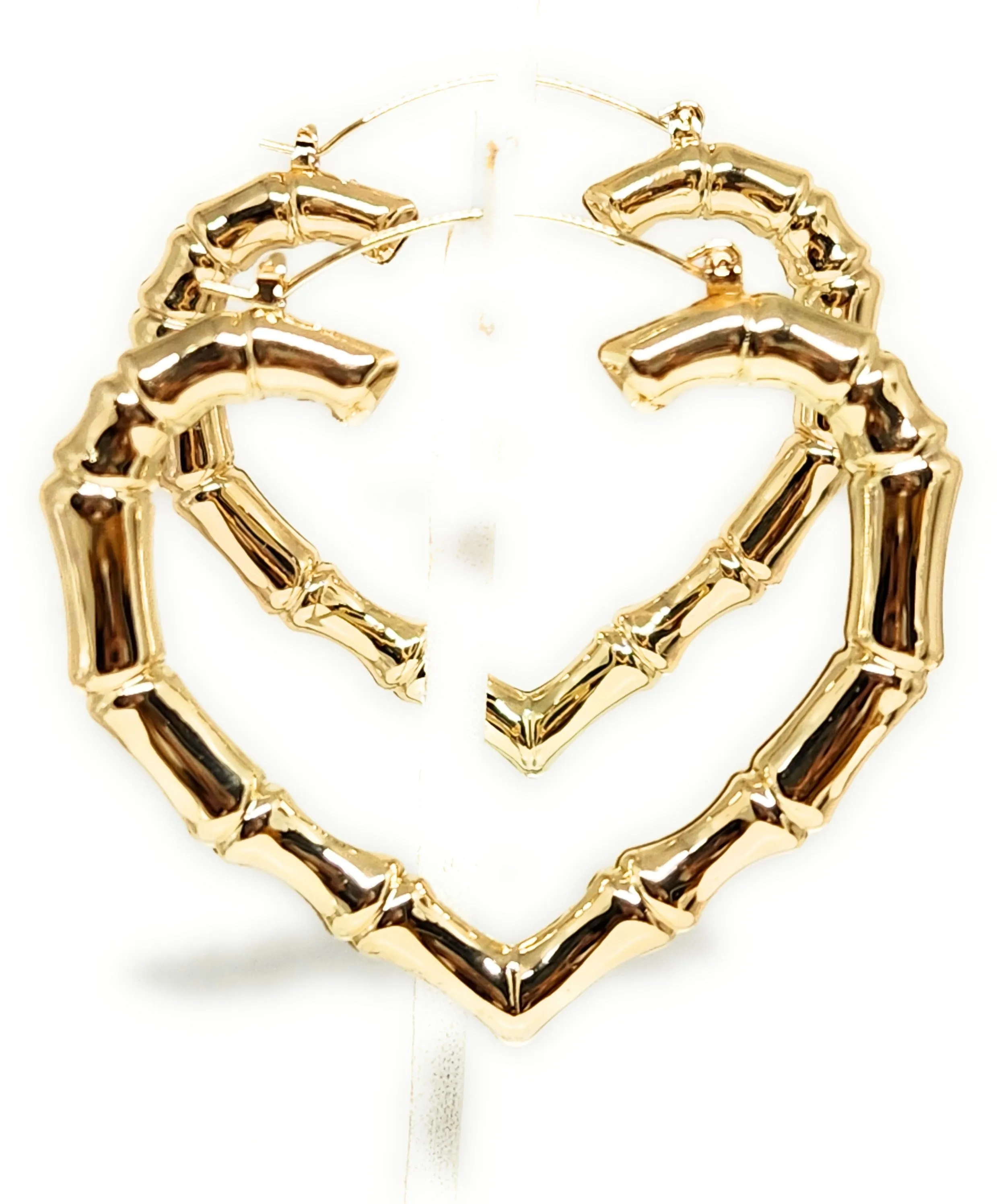 Gold Plated Bamboo Heart Hoop Earrings Aretes Arracadas (2.5 INCH)