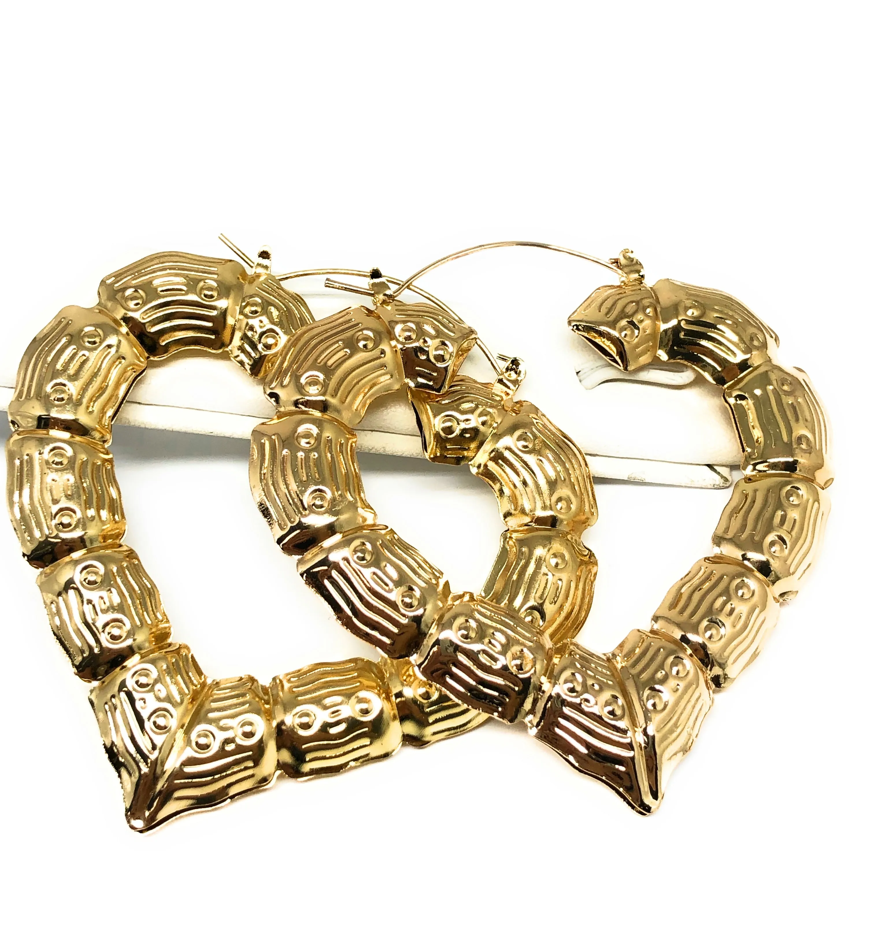 Gold Plated Classic Bamboo Heart Holow Open Hoop Earrings Aretes Arracadas (2.5 INCH)