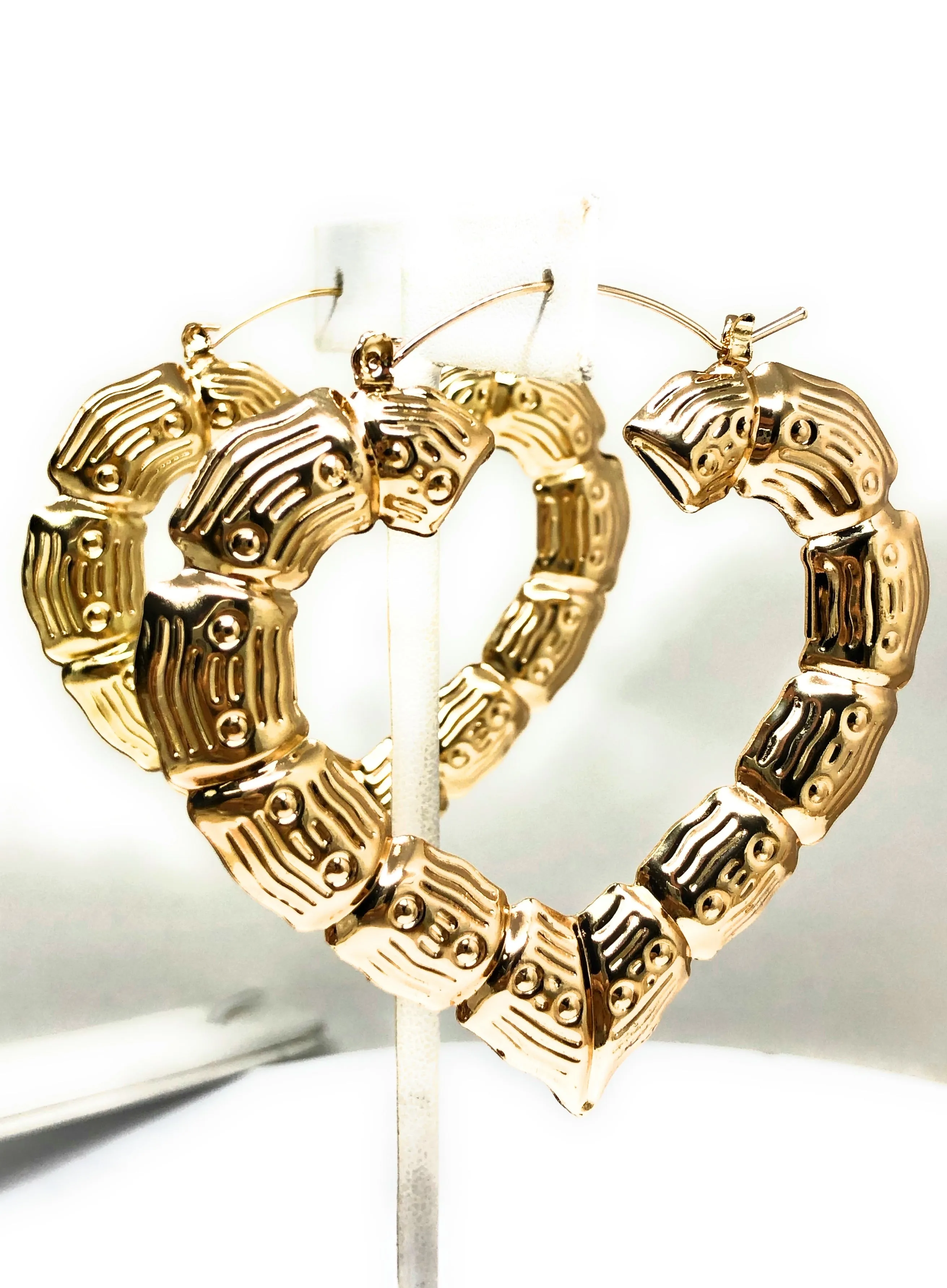 Gold Plated Classic Bamboo Heart Holow Open Hoop Earrings Aretes Arracadas (2.5 INCH)