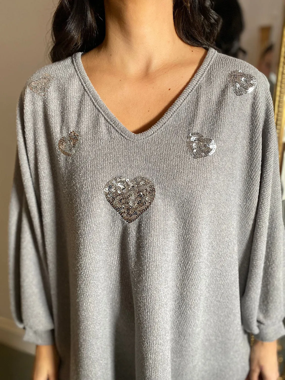 Grey Batwing Sequin Heart Knit Kia