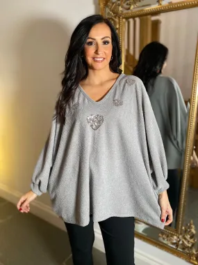 Grey Batwing Sequin Heart Knit Kia