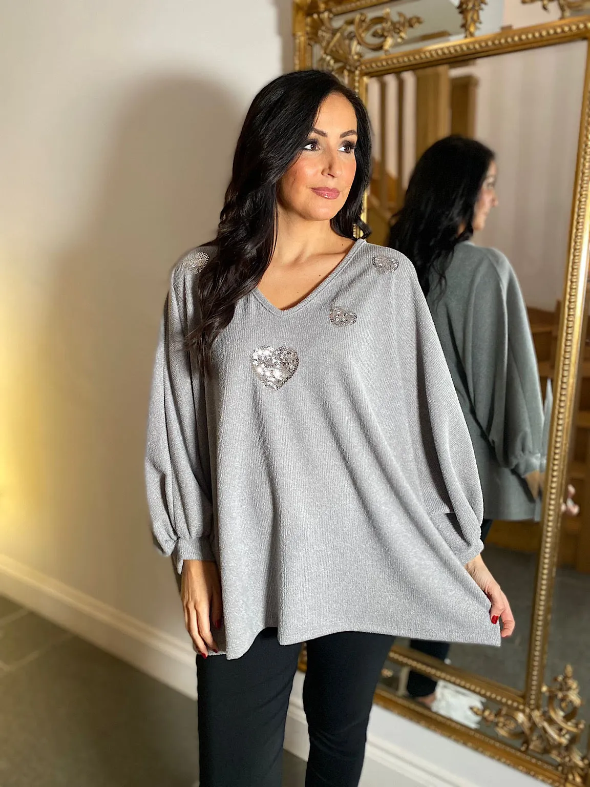 Grey Batwing Sequin Heart Knit Kia