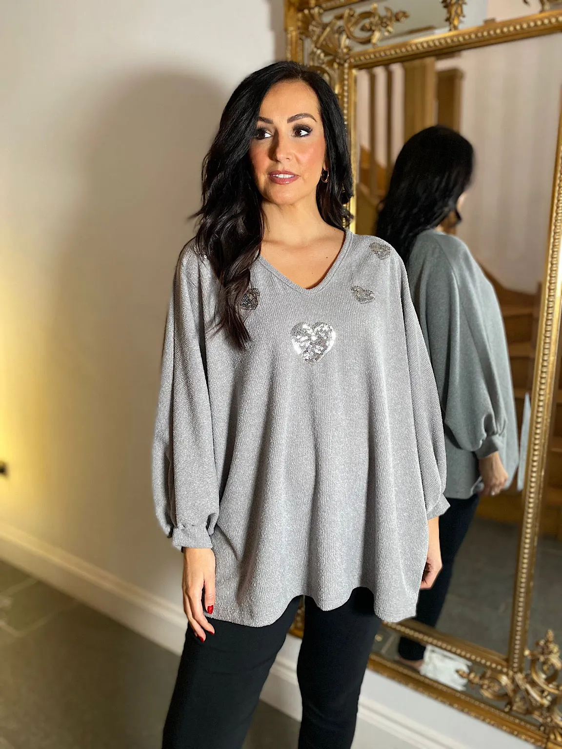 Grey Batwing Sequin Heart Knit Kia