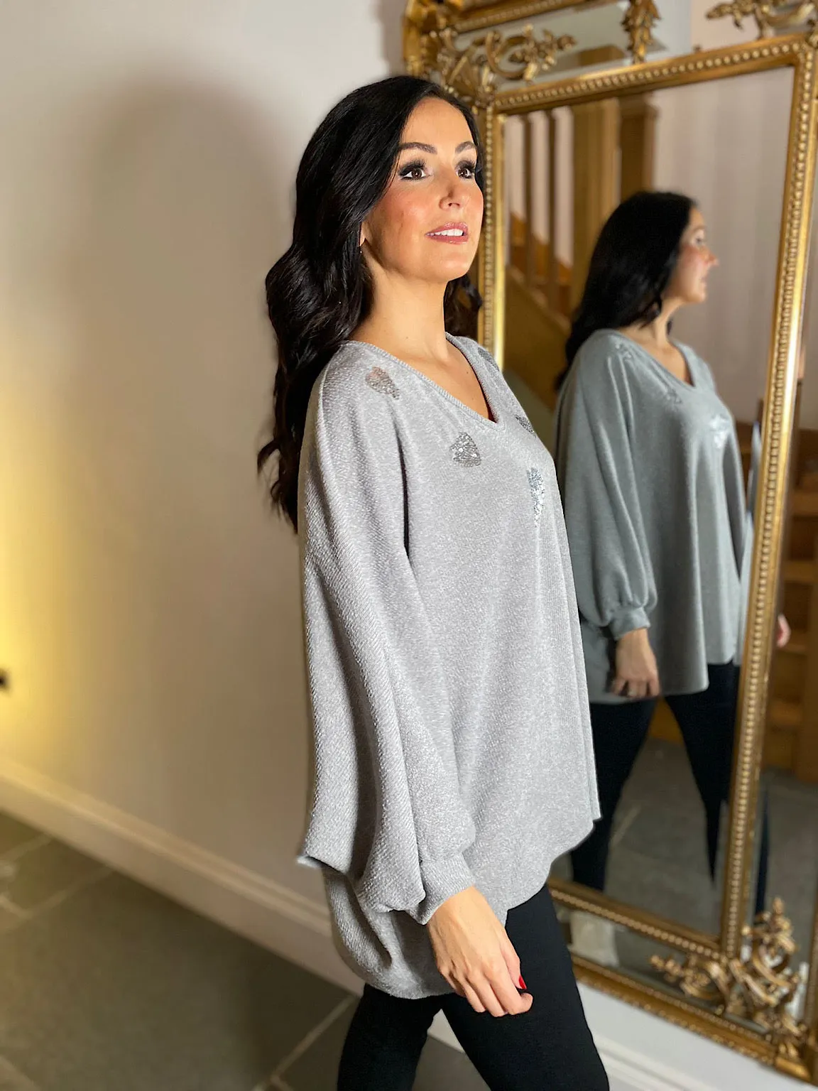 Grey Batwing Sequin Heart Knit Kia