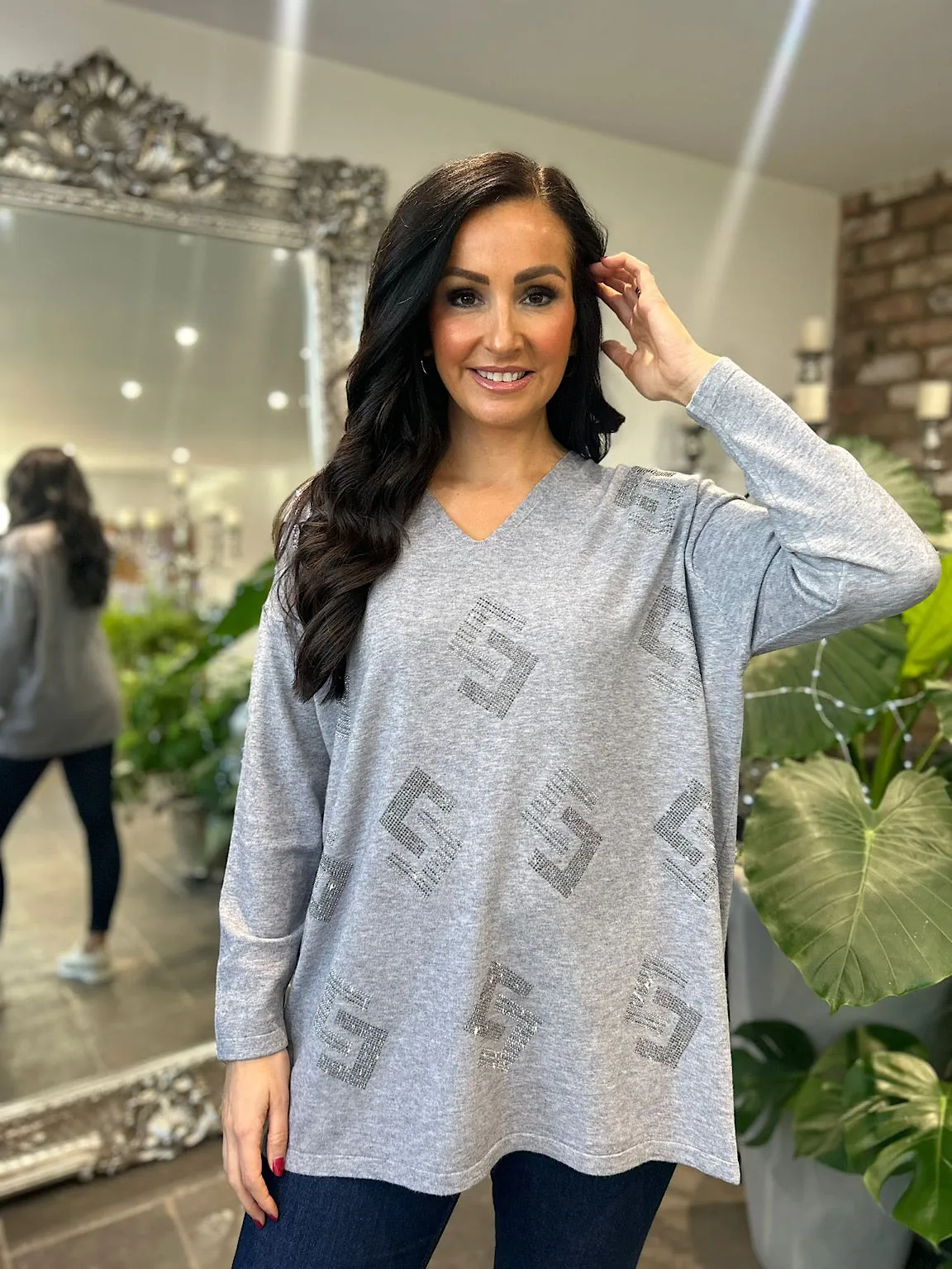 Grey Diamante Greek Key Knit Gail