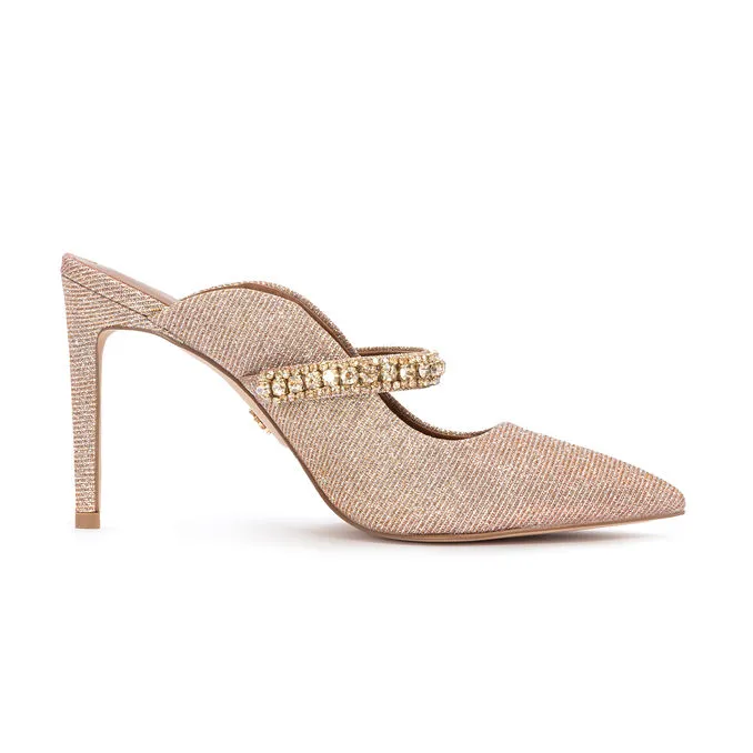 IRIDESCENT SABOT WITH HEEL AND RHINESTONES Woman Rose Gold