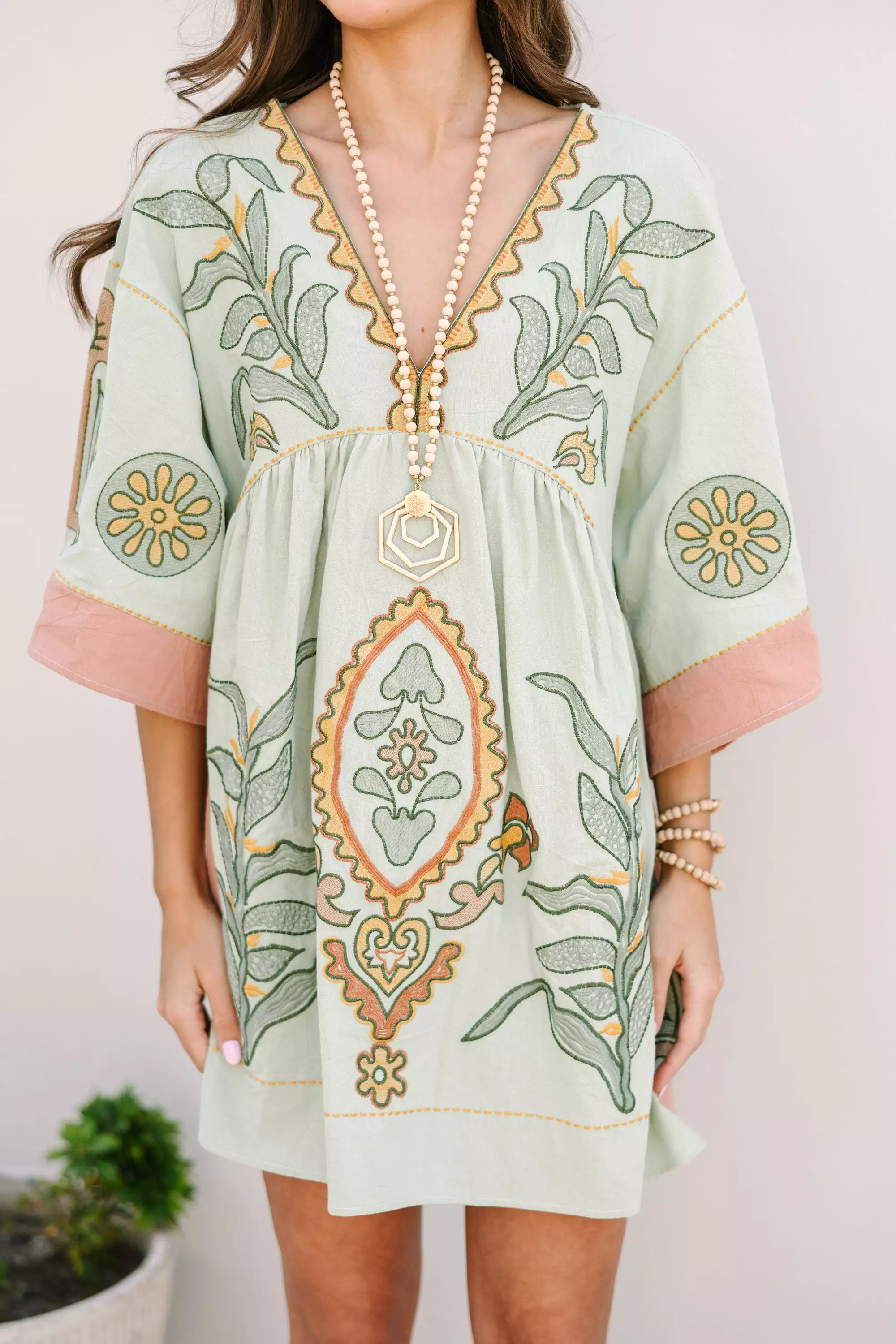 Just My Type Mint Green Floral Embroidered Dress