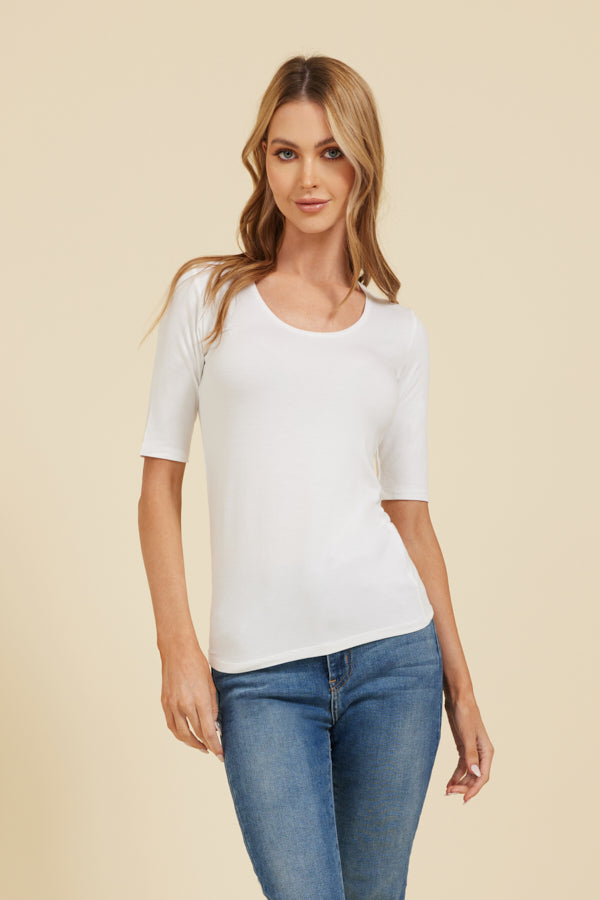 Majestic 3/4 Sleeve Viscose Boatneck Tee in Blanc