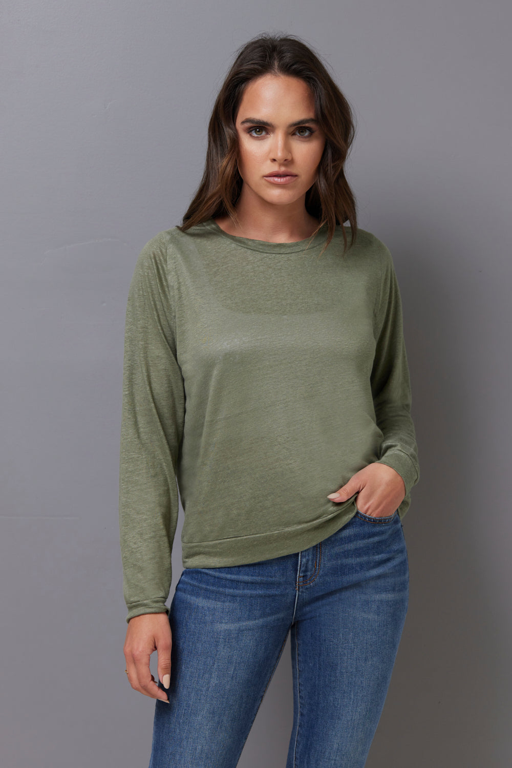 Majestic Long Sleeve Linen Pullover in Kaki