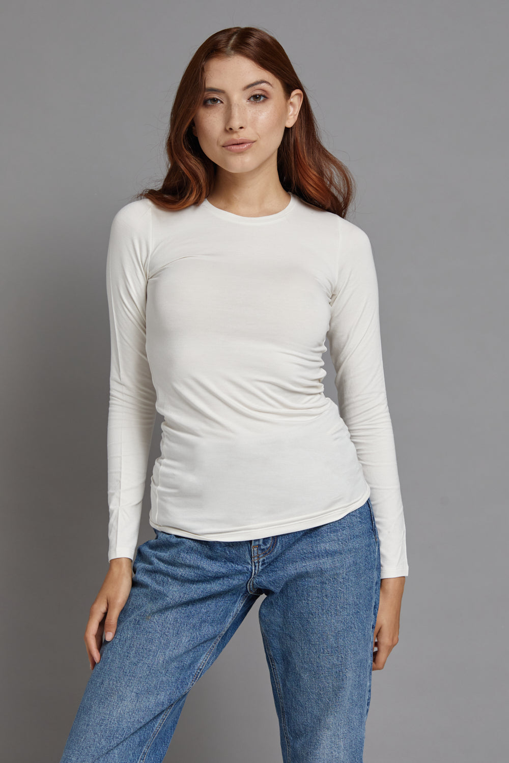 Majestic Long Sleeve Soft Touch Viscose Crewneck in Milk