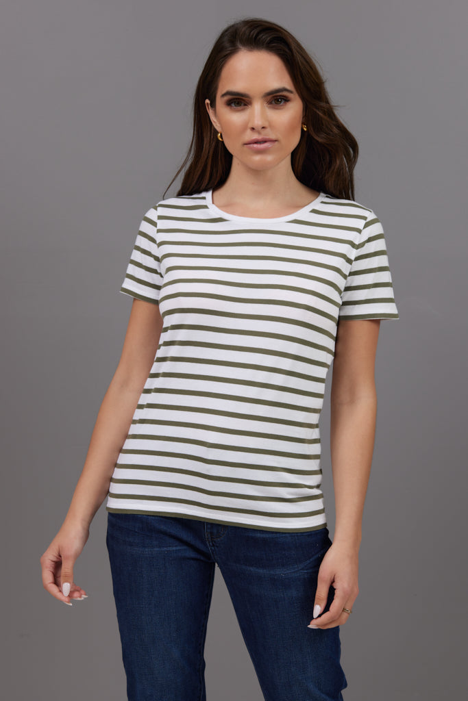 Majestic Short Sleeve Striped Crewneck Tee in Kaki Army