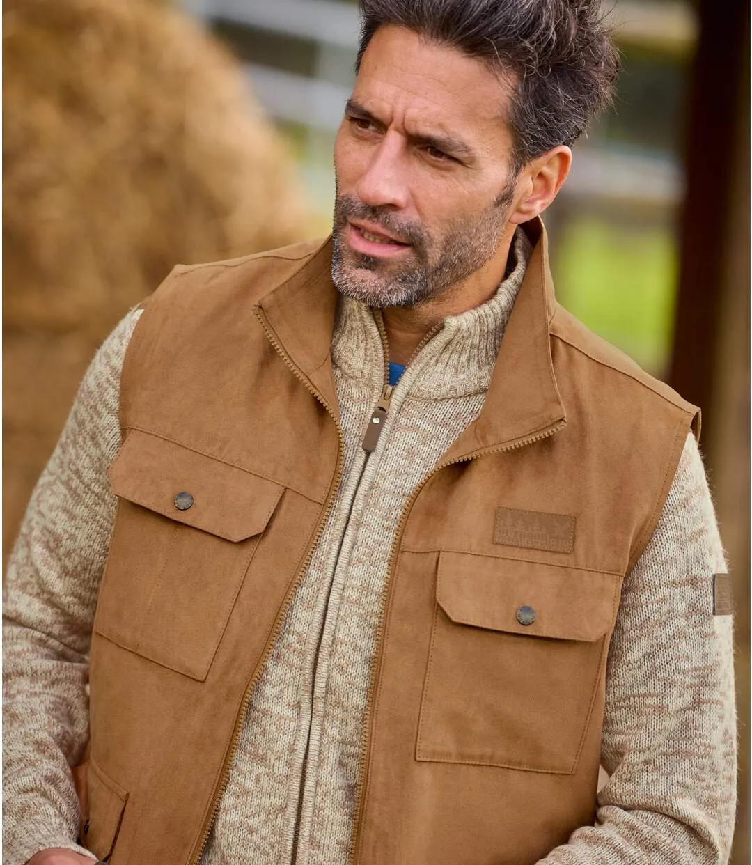 Men's Camel Multi-Pocket Faux Suede Gilet