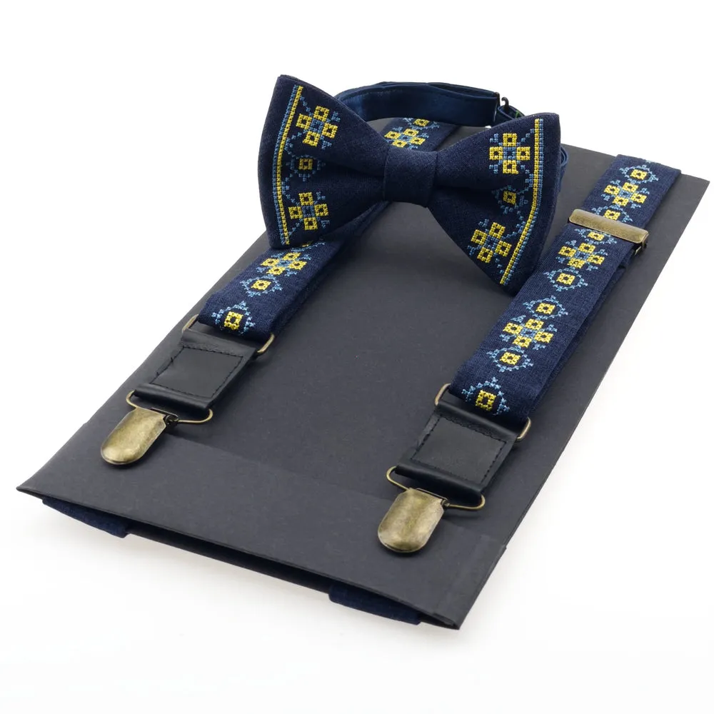 Men's Embroidered Bowtie and Suspenders Set - Blue and Yellow