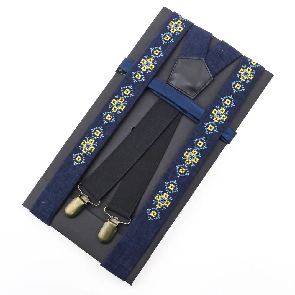 Men's Embroidered Bowtie and Suspenders Set - Blue and Yellow