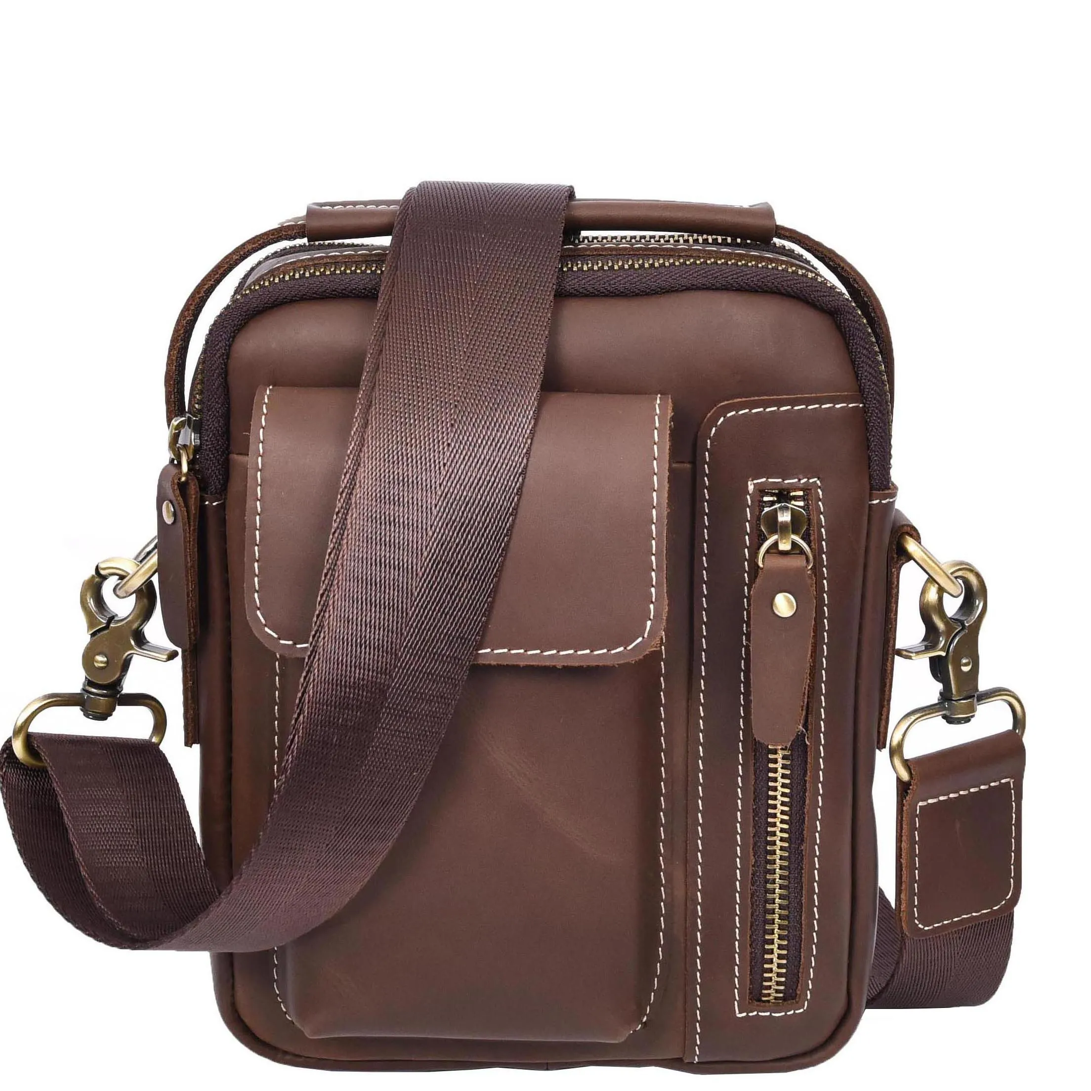 Mens Leather Small Cross Body Flight Bag Hudson Brown Hunter