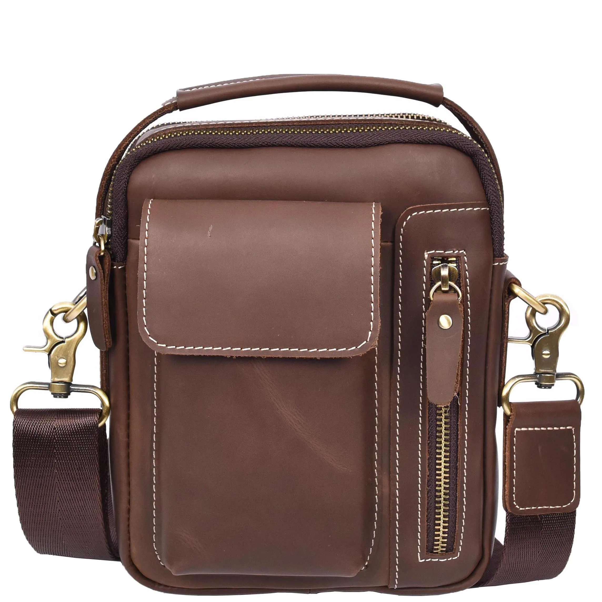 Mens Leather Small Cross Body Flight Bag Hudson Brown Hunter