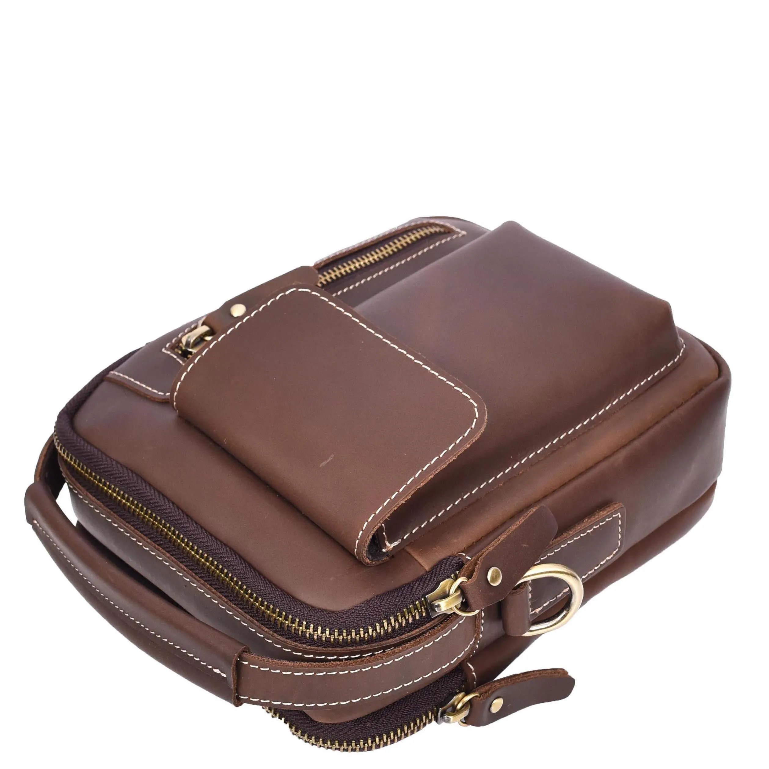 Mens Leather Small Cross Body Flight Bag Hudson Brown Hunter