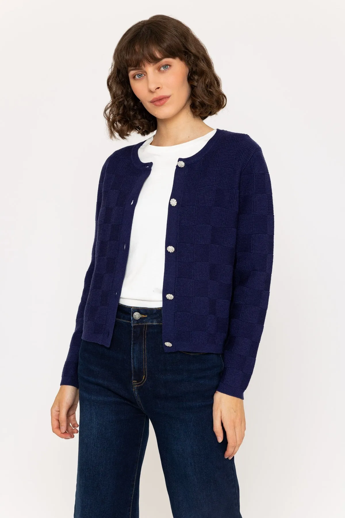 Navy Basket Stitch Knit Cardigan