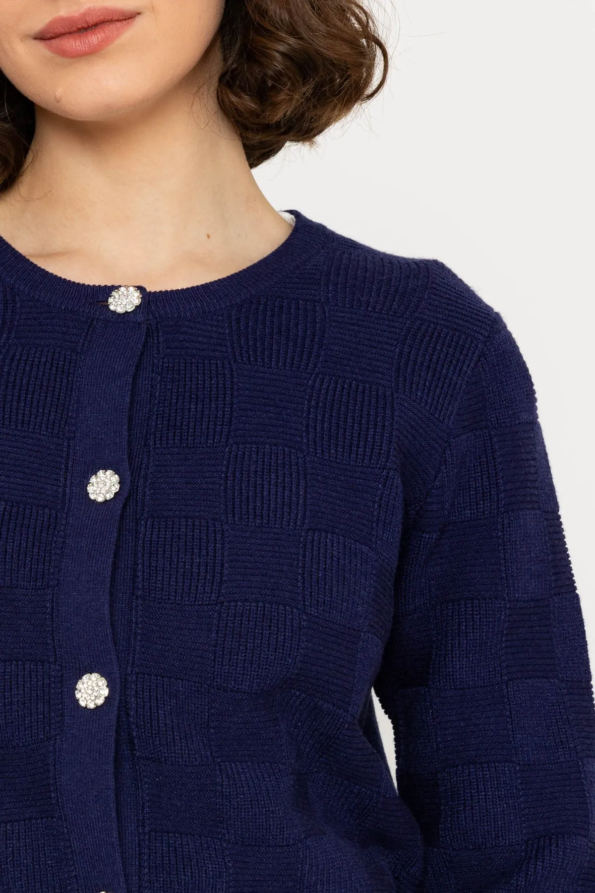 Navy Basket Stitch Knit Cardigan