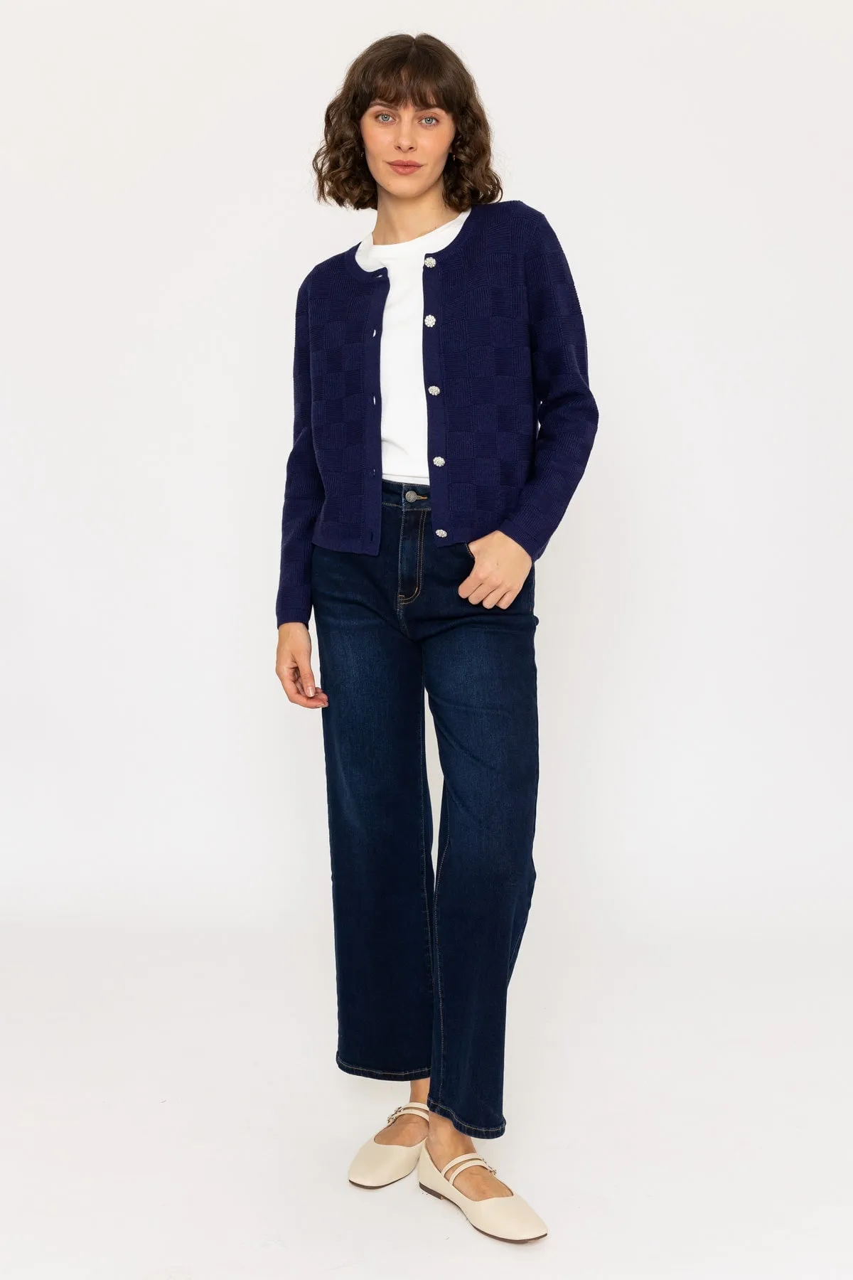 Navy Basket Stitch Knit Cardigan