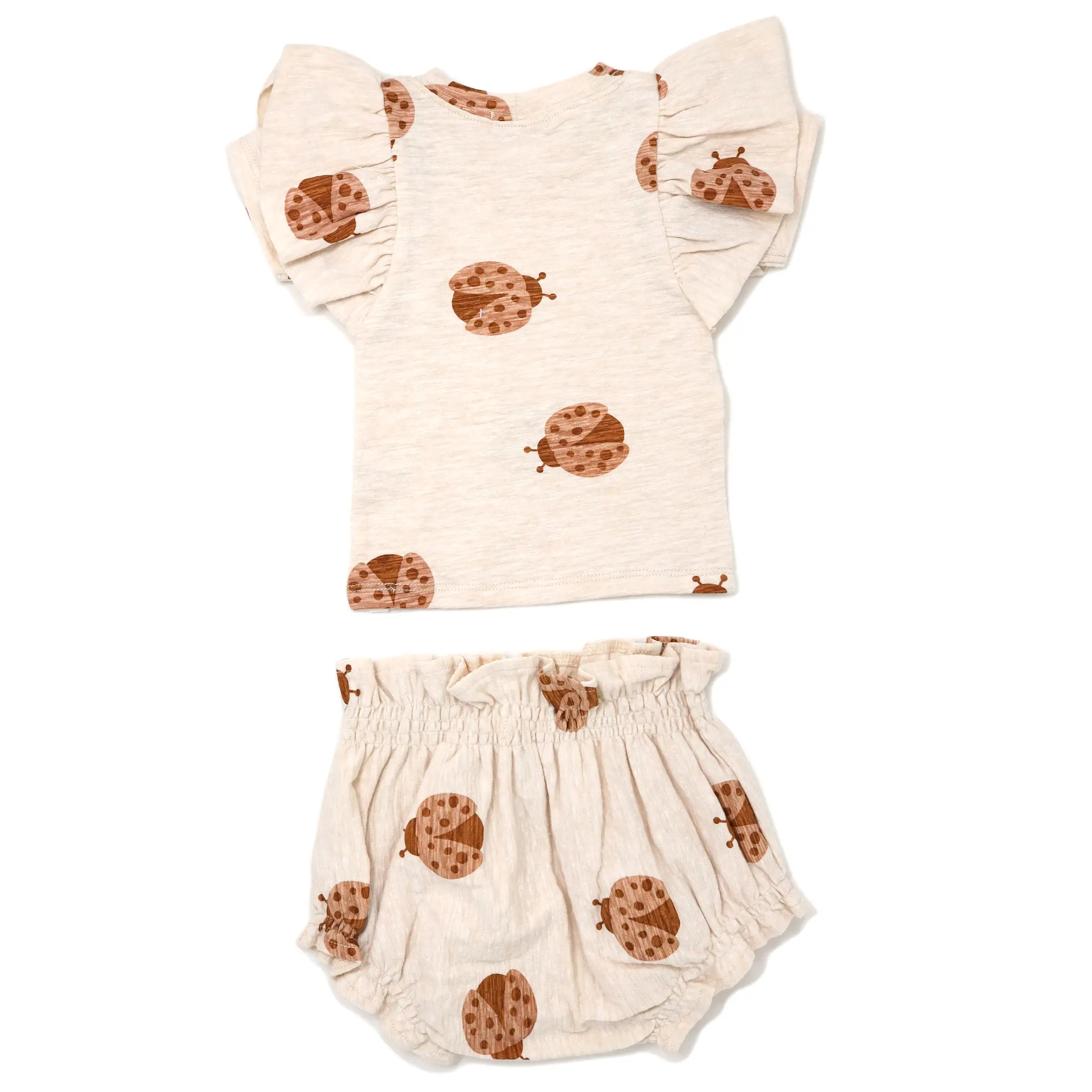 oh baby! Butterfly Short Sleeve Tee and Tushie Set - Ladybug Print - Sand Heather