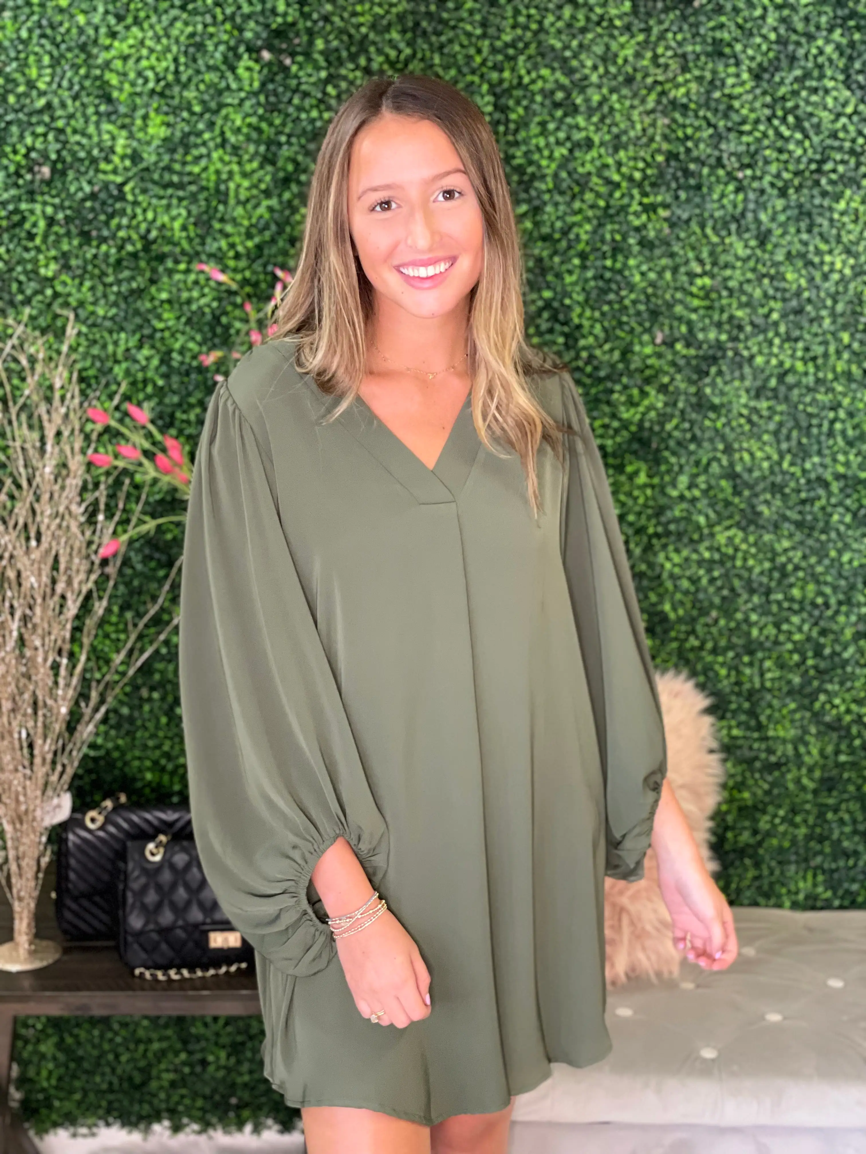 Olive Balloon Sleeve Dress